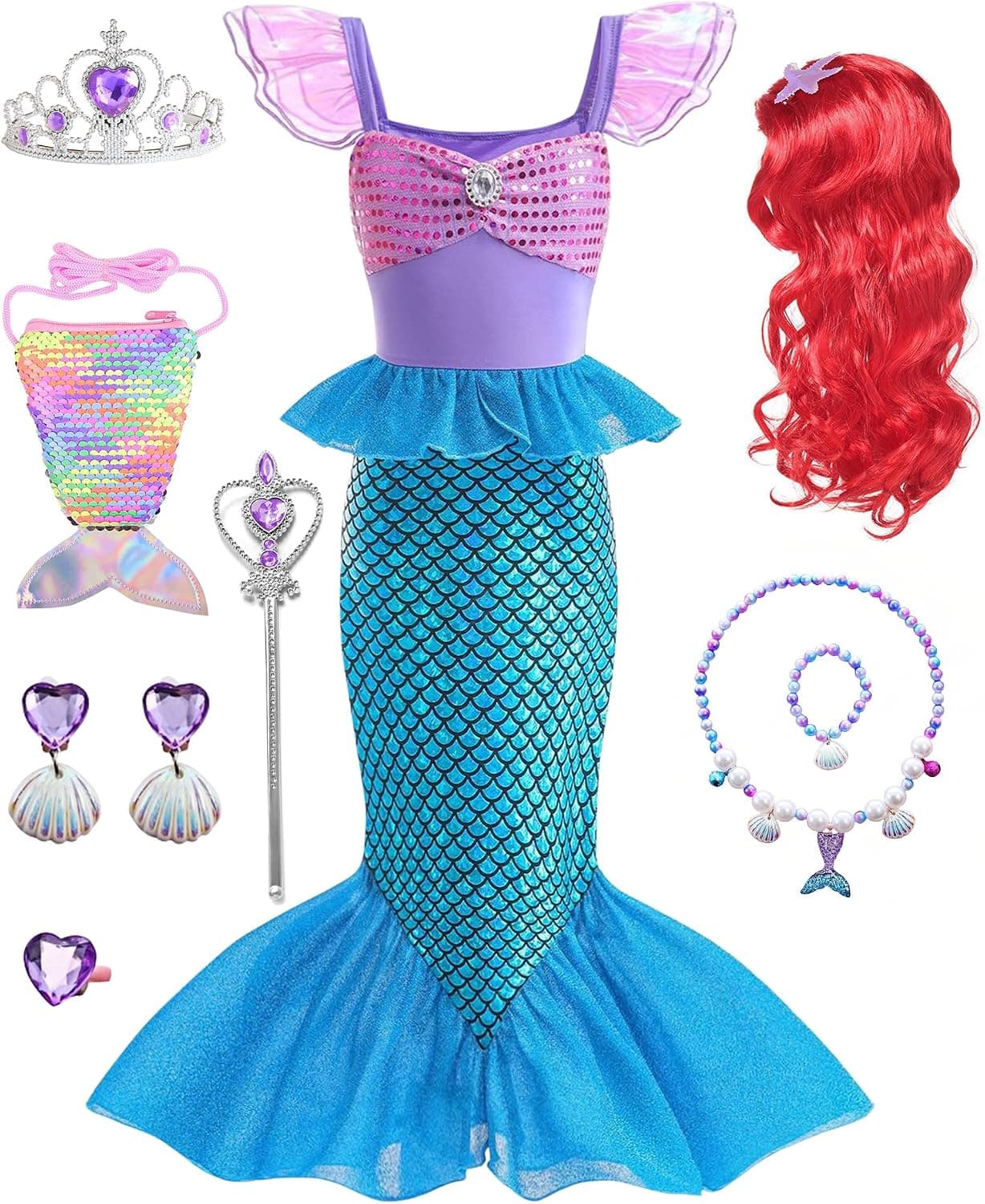 Disfraz de princesa sirena para niñas, vestido con purpurina con accesorios de 3 a 10 años, para Navidad, cumpleaños, día mundial del libro, cosplay