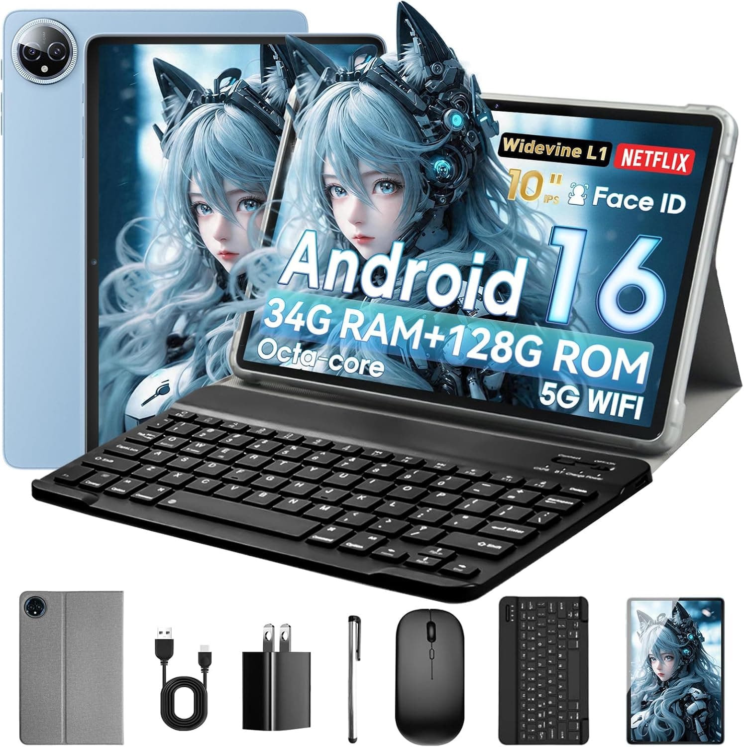Tablet 10 Pulgadas, Tableta Android 16 con Funda, Ratón & Teclado, Octa-Core, 34 GB RAM + 128 GB ROM + 1 TB TF, Pantalla IPS HD 1280x800, Cámara Dual, 7000 mAh, WiFi 6, BT 5.0, Widevine L1, GPS (Azul)