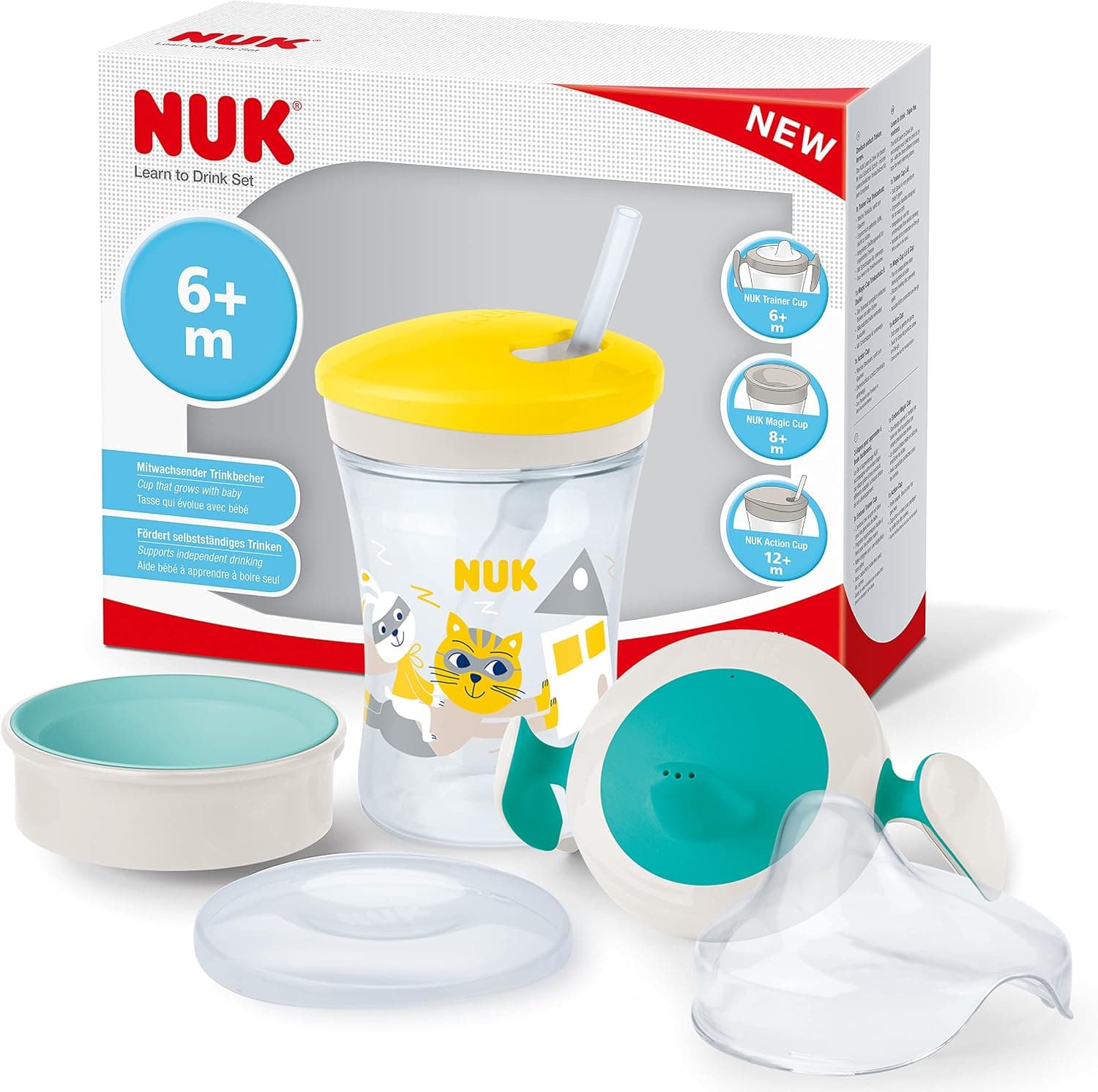 NUK Juego para aprender a beber con entrenador, aprendiz (más de 6 meses), vaso mágico de 360° (8 meses en adelante) y taza de acción para niños pequeños (12 meses +), 230 ml, sin BPA, gato amarillo