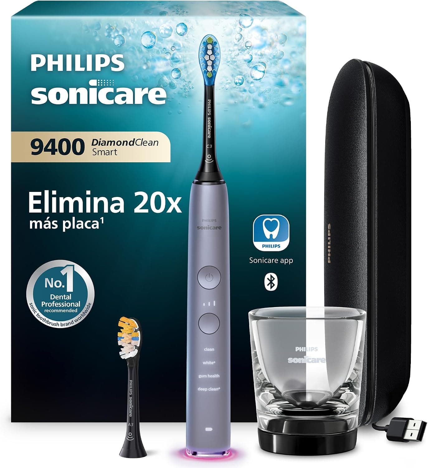 Philips Sonicare DiamondClean Smart 9400, cepillo dental eléctrico, sónico con aplicación, sensor de presión, detección de cabezal de cepillado, gris, modelo HX9917/90