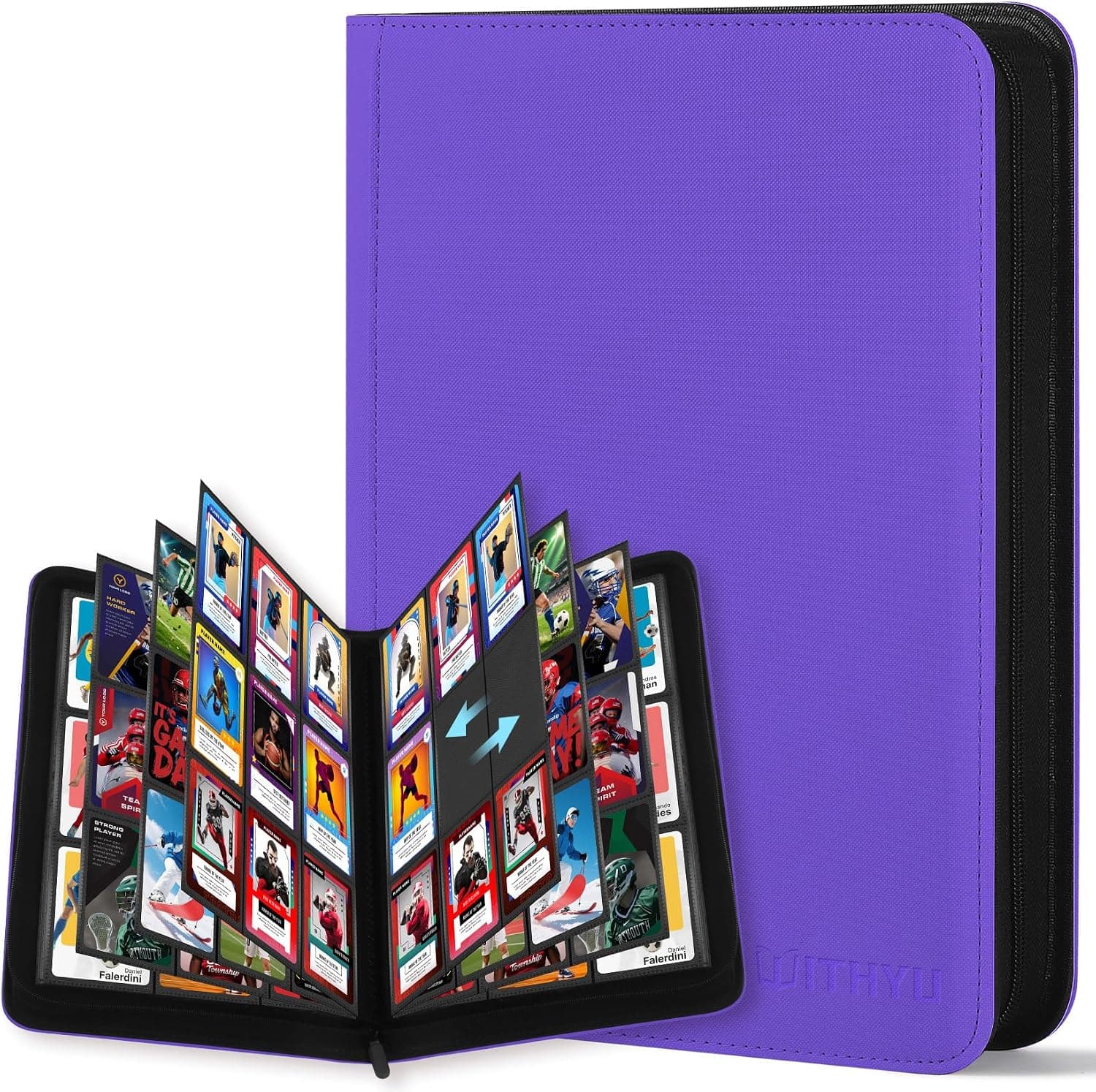 WITHYU 9 Álbum Coleccionista para Cartas - Capacidad 540 Cartas, Portacartas Impermeable y Antigolpes con Carga Lateral para TCG/Juegos/Deportes, Diseño Sin Anillas y Cremallera (Morado)