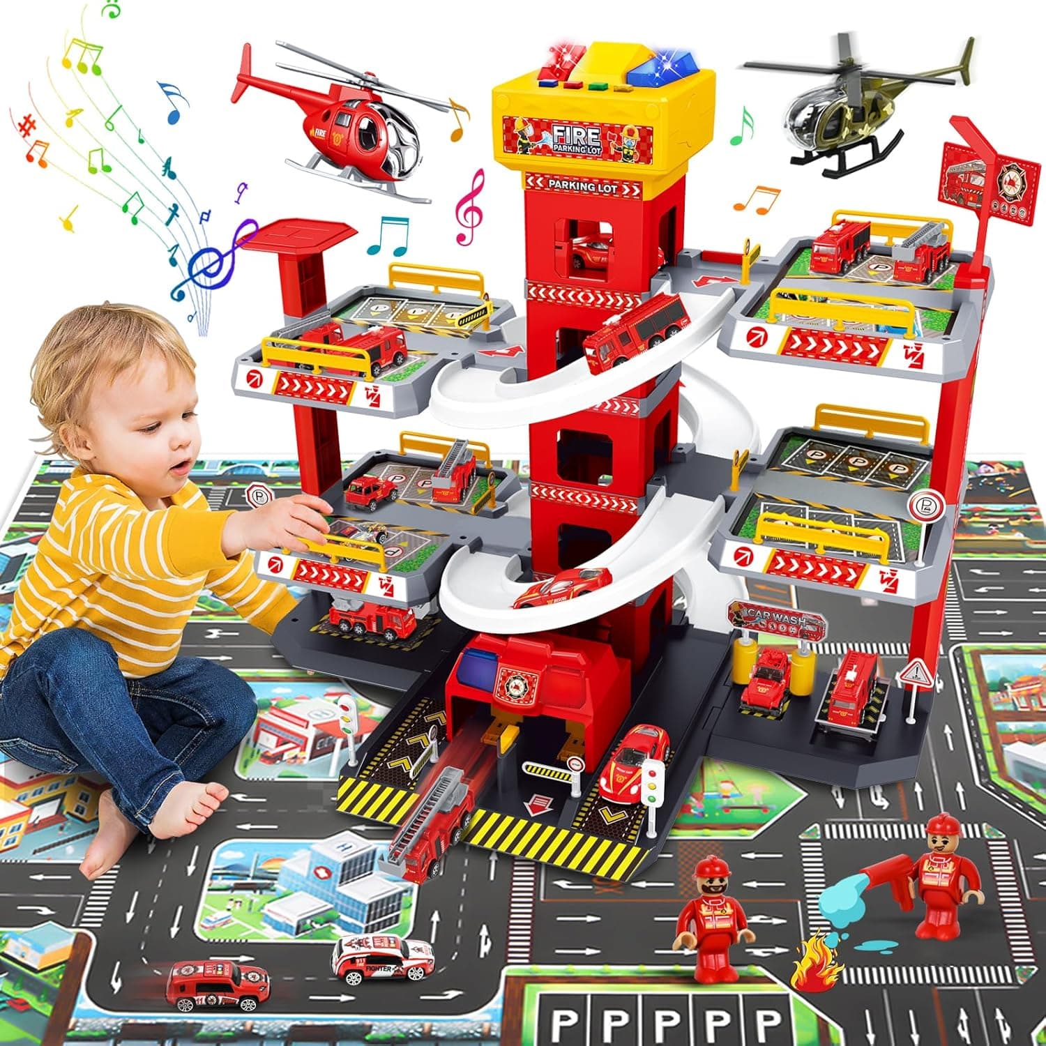 FORMIZON Garaje Coches para Niños de 5 Plantas, Garaje de Estacionamiento de Juguete Grande, Parking Infantil con Pista de Automóviles, 8 Coches, 3 Helicópteros, Ascensor y Mapa Grande