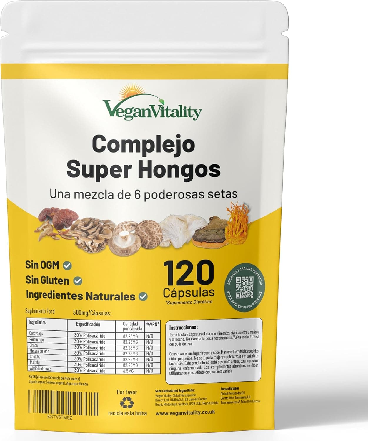 Suplemento de 6 Hongos – Reishi, Melena de León, Cordyceps, Chaga, Shitake y Maitake. 120 Cápsulas. 500mg Por Cápsula.