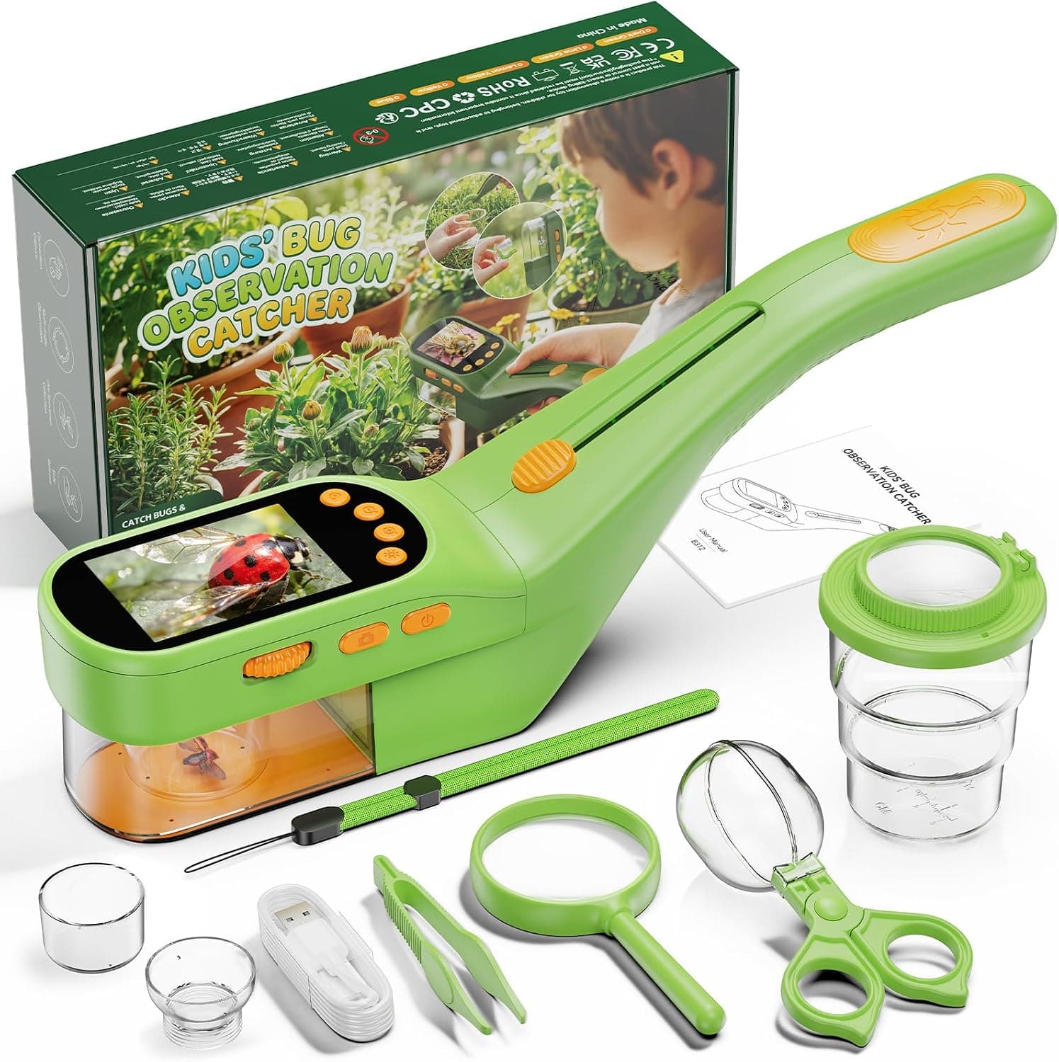 Atrapa Insectos con 500X Pantalla - Kit Explorador Niños(Verde)