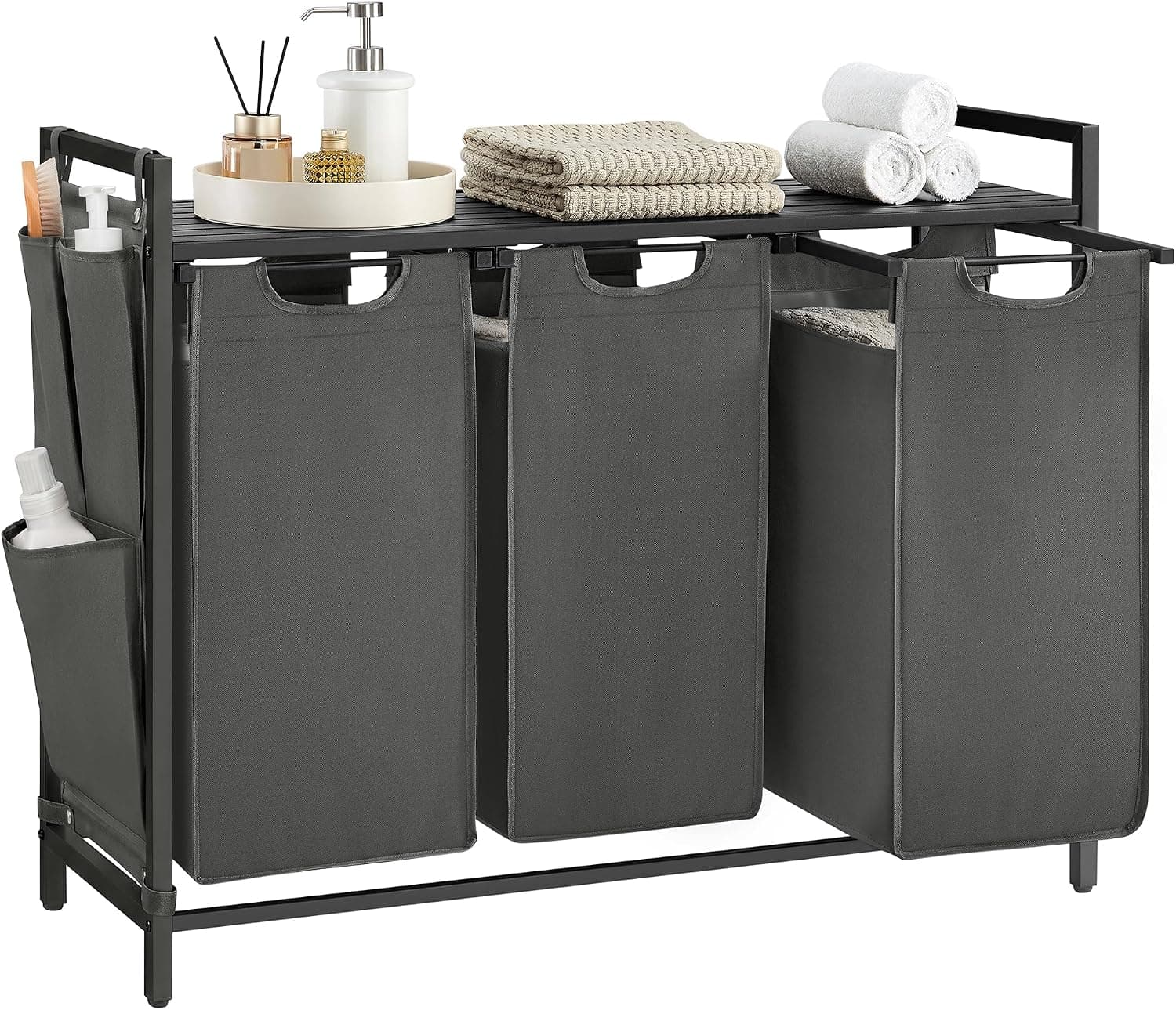 VASAGLE Cesto Ropa Sucia, 3 Compartimentos con Estante, 120 L