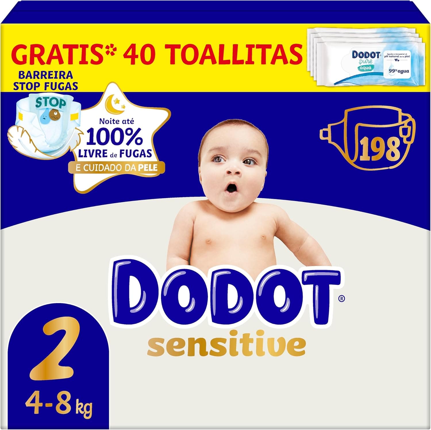 Dodot Pañales Bebé Sensitive Talla 2 (4-8 kg), 198 Pañales + 1 Pack de 40 Toallitas Gratis Cuidado Total Aqua, Absorción y Protección de la Piel de Dodot, Pack Mensual