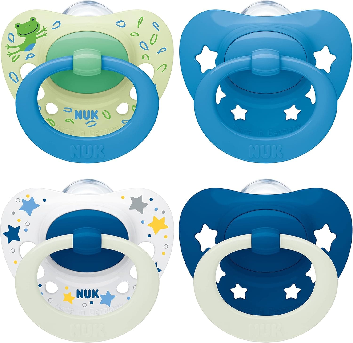 NUK Signature Day & Night chupete | 6-18 meses | Calma al 95 % de los bebés | Chupetes de silicona sin BPA en forma de corazón | Brilla en la oscuridad | Estrellas | 4 unidades