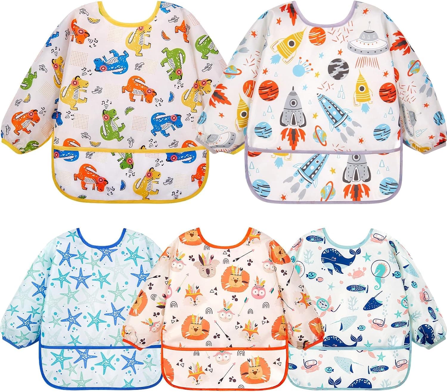 Lictin 5 Pcs Babero con Mangas Impermeable- Babero de Manga Larga con Escote Ajustable para Bebes (0-24 meses)