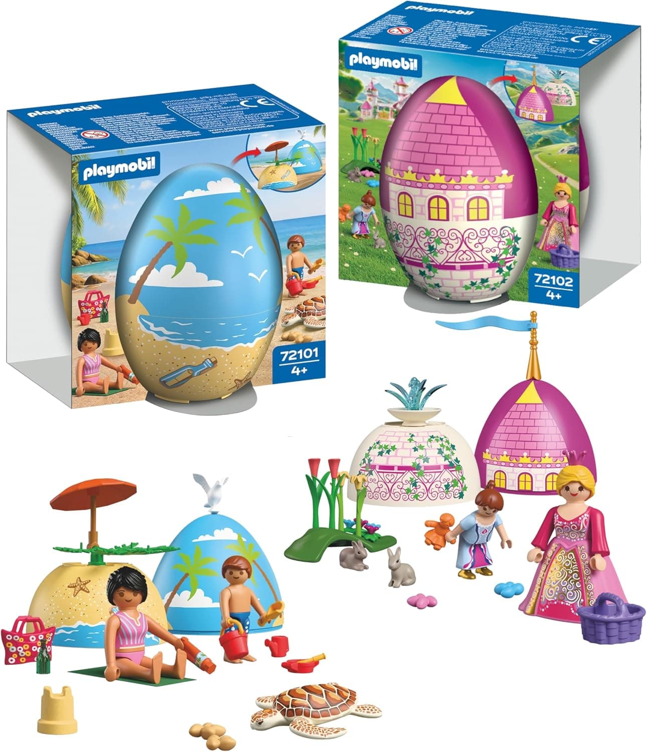 PLAYMOBIL Set de Huevos Sorpresa Princesa y Playa | 2 Huevos con Figuras y Accesorios | Mini Mundos para Construir | Reutilizable como Hucha | Regalo de Pascua para Niños a Partir de 4 Años | 210448
