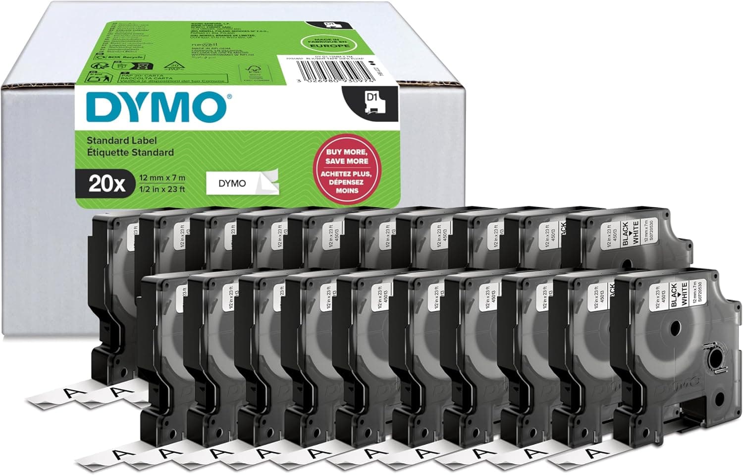 DYMO D1 etiquetas autoadhesivas, negro sobre blanco, 12mm x 7m, 20 uds.