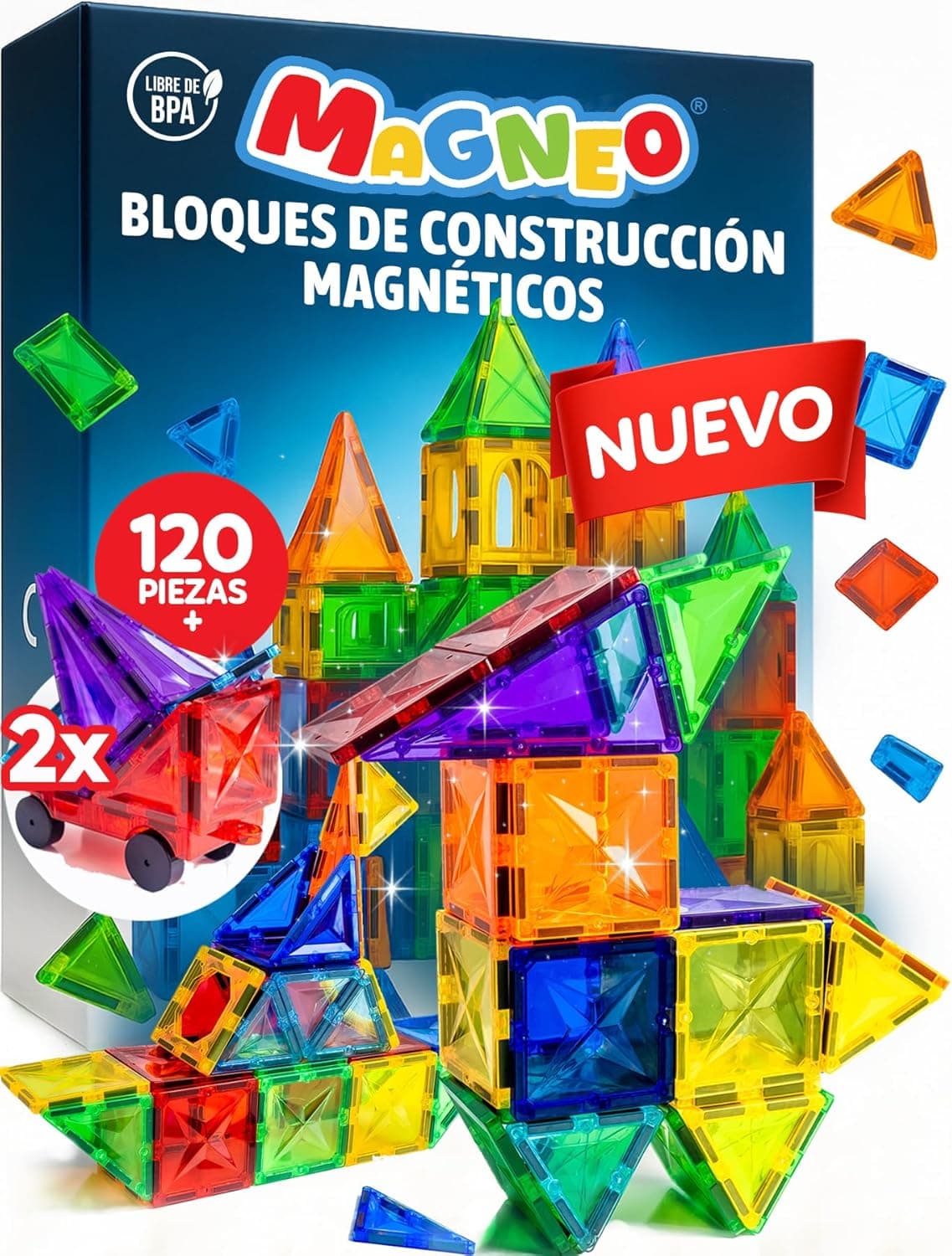 Bloques Magnéticos Construcción Niños 120 Piezas (2 Coches) – Piezas Magnéticas Niños 3+ Juego de Imanes Creativo – Magnetic Tiles Educativos – Juego de Construcción