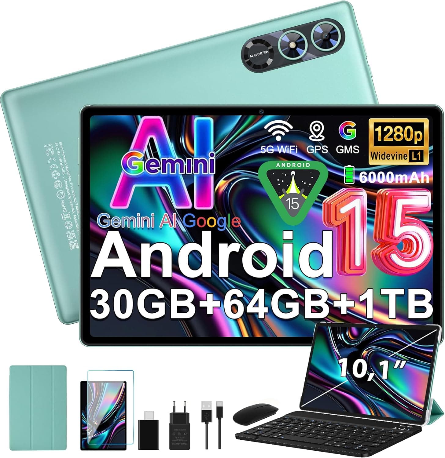 Tablet 10,1 pulgadas Android 15 tableta Gemini AI, 30+64GB+(1GB TF), verde