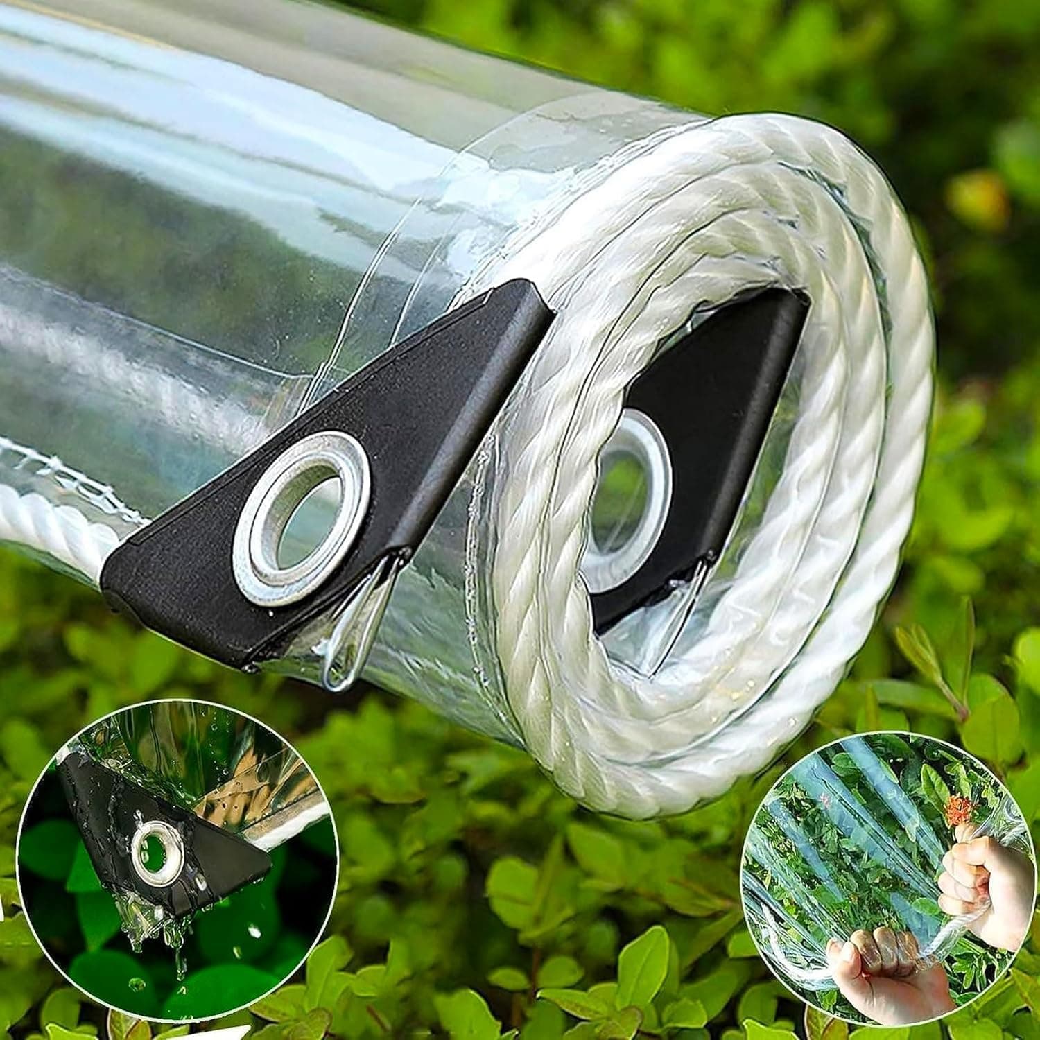 Lona Transparente con Ojales, 1.5x2m PVC Impermeable para Exterior 450g/m², Protección UV y Resistente a Desgarros, Incluye Cuerda - Toldo para Pérgola, Jardín, Invernadero y Piscina