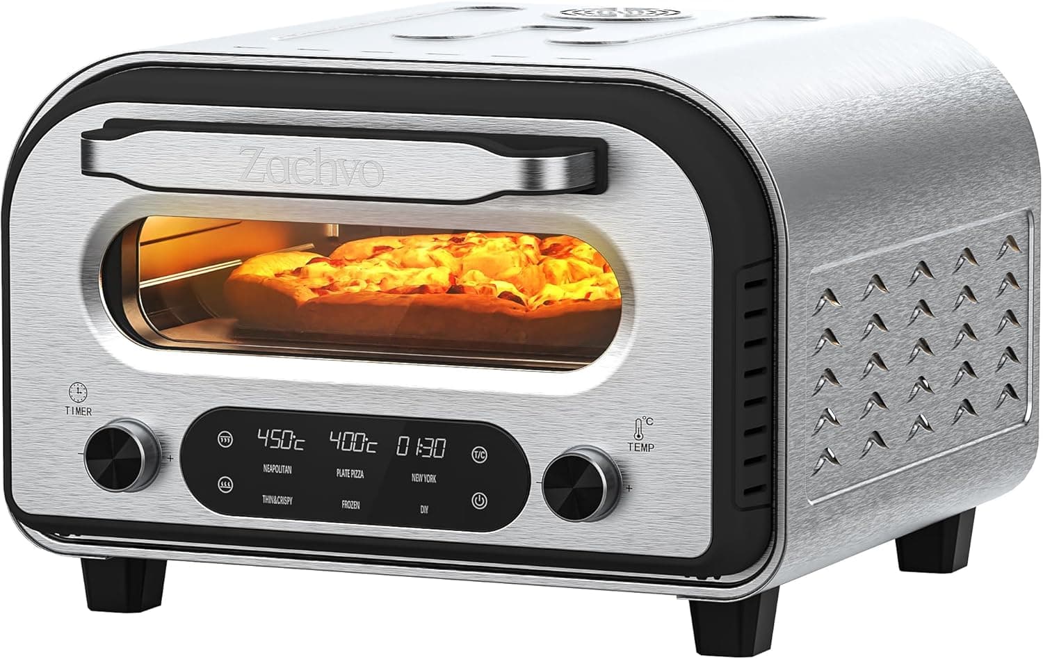 Horno Eléctrico para Pizza - hasta 450 °C, 5 programas preestablecidos, temporizador de 1 a 60 min, pantalla táctil y mando giratorio, carcasa de acero inoxidable, pala para pizza