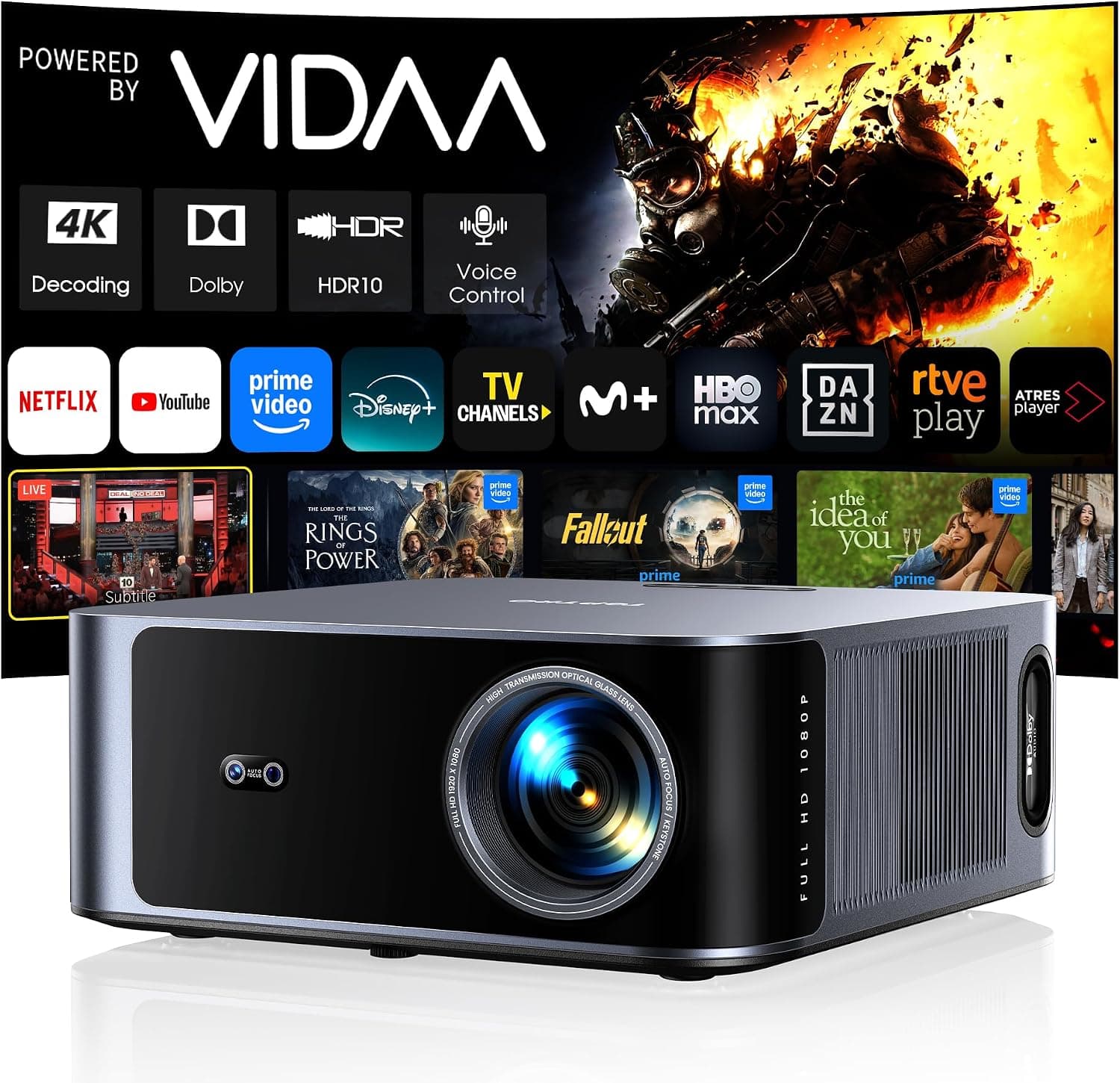 Proyector 4K【Alto Brillo 2000ANSI/VIDAA SO más rápido/40W Dolby Audio】Proyector Netflix Incluido TV en Directo, FHD1080P, HDR10, Auto Focus/Keystone, Control por Voz, BT5.4, para Exterior/Cine en Casa