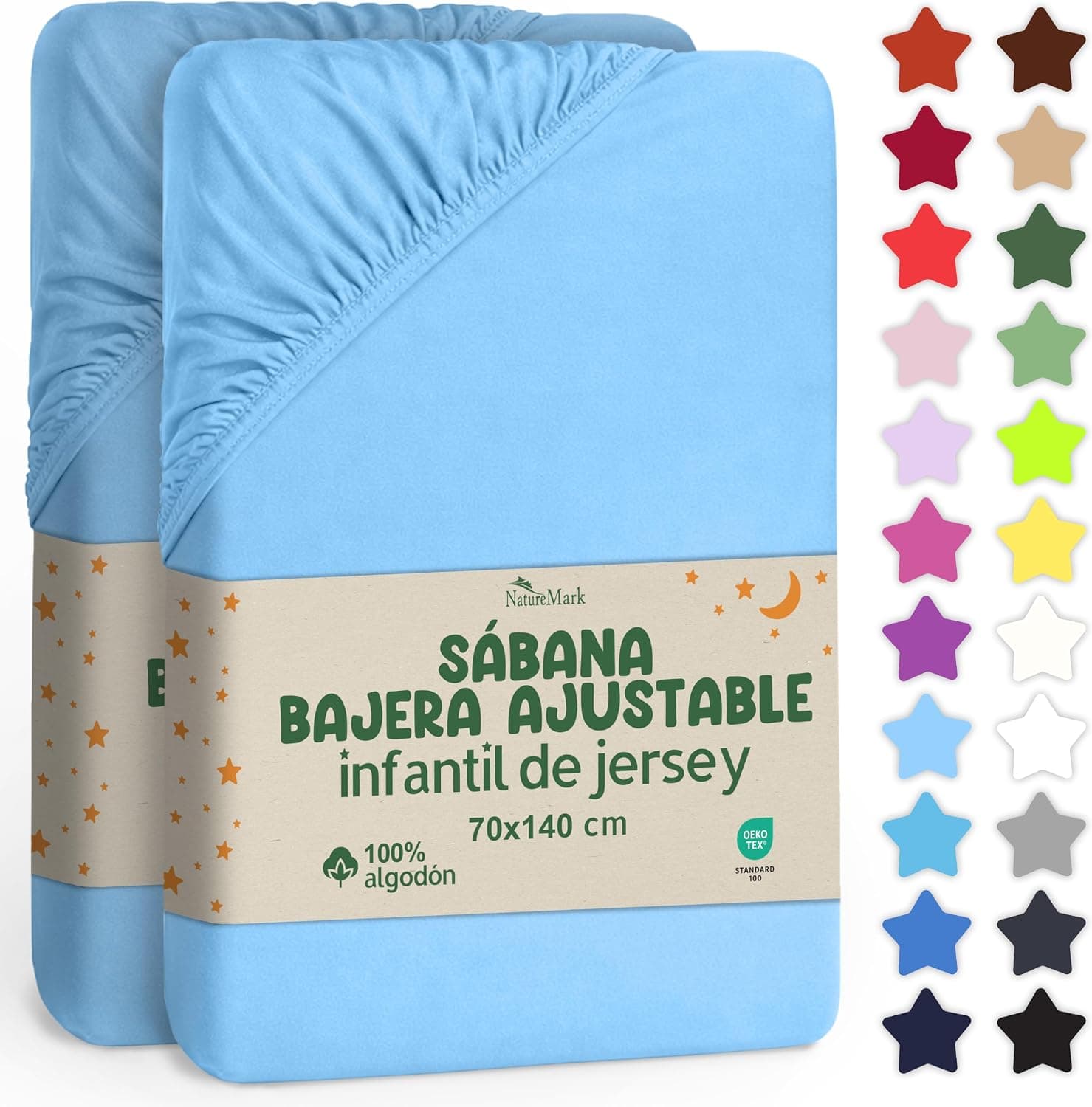 NatureMark Sábana Ajustable para Niños 70x140 cm – Suave Jersey, 100% Algodón, Pack de 2 para Cuna y Camita Infantil, Azul Claro