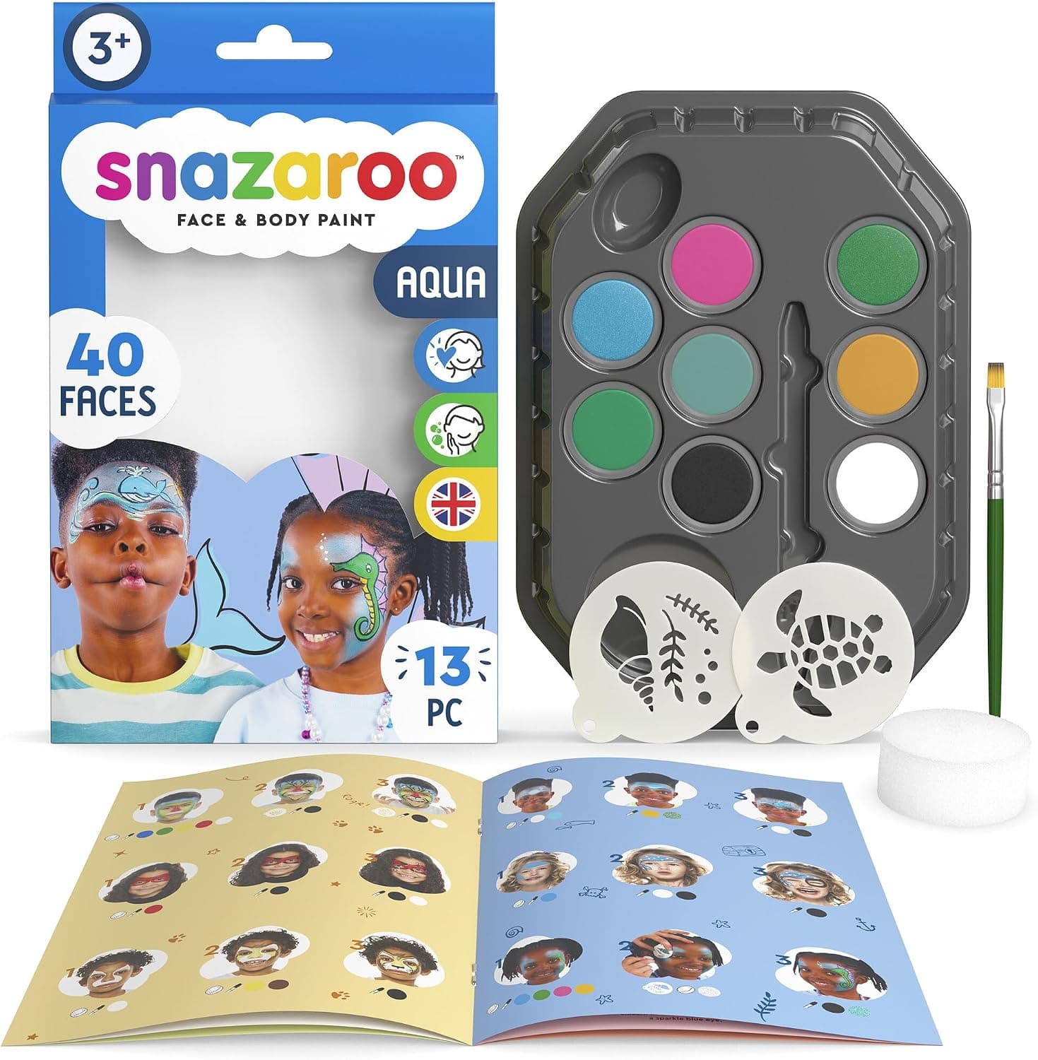 Snazaroo - Kit De Pintura Facial Aqua, Aguacolores para Niños Y Adultos, 8 Colores, 2 Plantillas, Pincel, Esponja, Guía, Base De Agua, Maquillaje Pintacaras