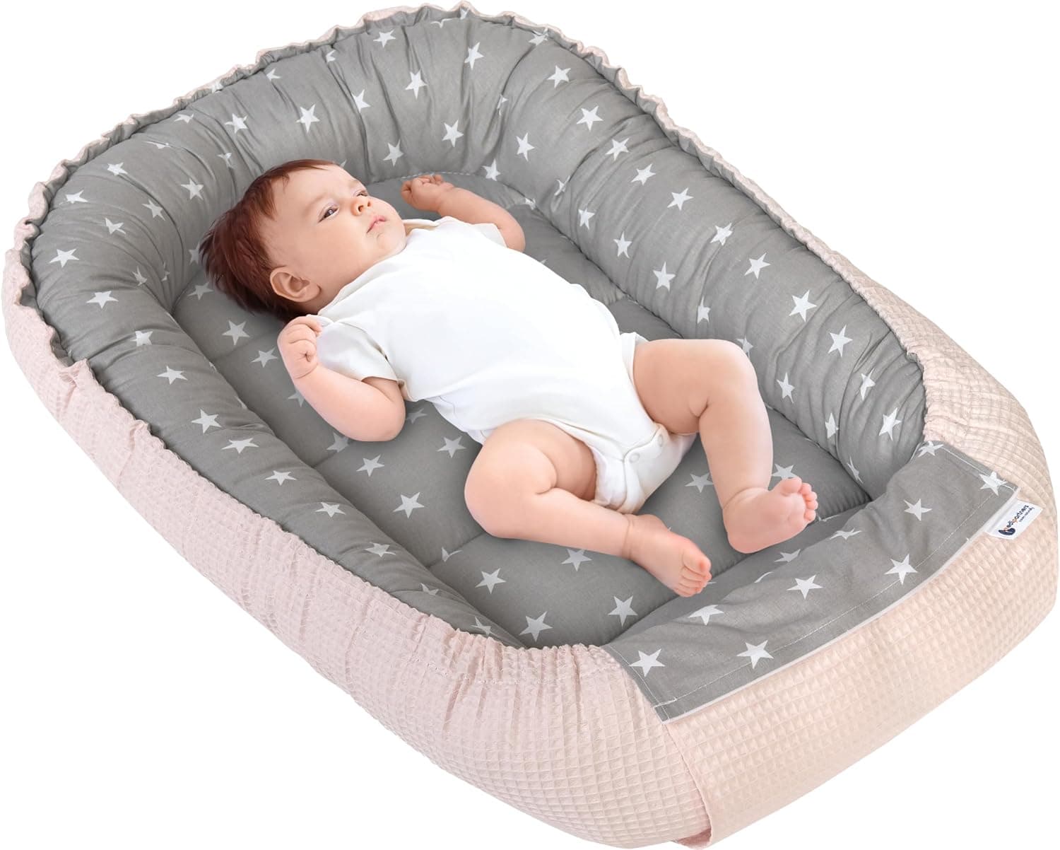 Medi Partners Nido Bebe Recien Nacido Reductor de Cuna - 100x60x15 Portátil o de Viaje de Colecho anticolicos Bilateral Bebés 100% Algodón Gofre (Estrellas con Rosa Claro Gofre)