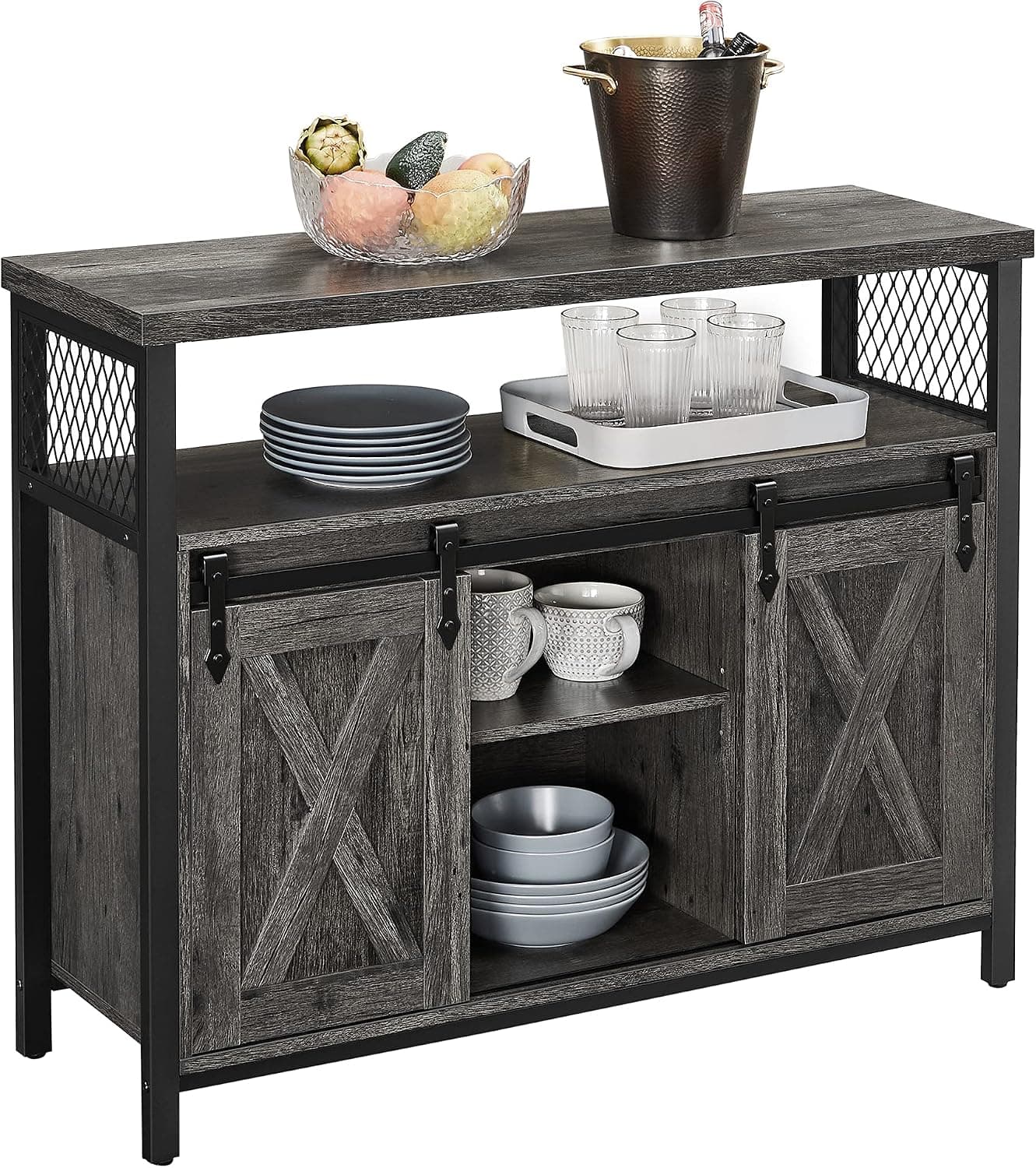 VASAGLE Aparador Cocina, con 2 Puertas Correderas, 100 x 33 x 80 cm | Mueble Cocina, Estantes Ajustables, para Salón, Gris Piedra y Negro Mate, Colección Daxton LSC092B04