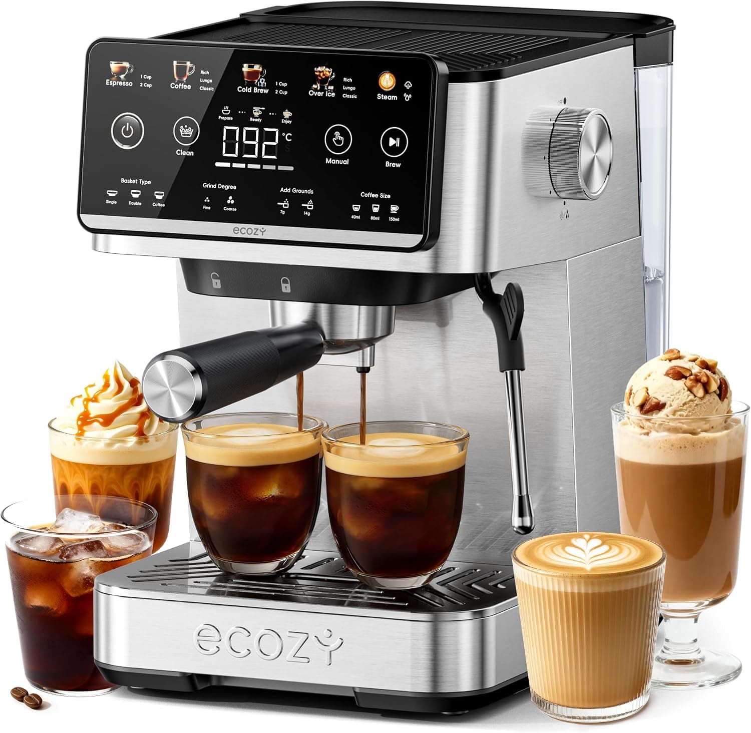 ecozy Cafetera Espresso 4 en 1, Cold Brew, Latte, Cappuccino, Plata