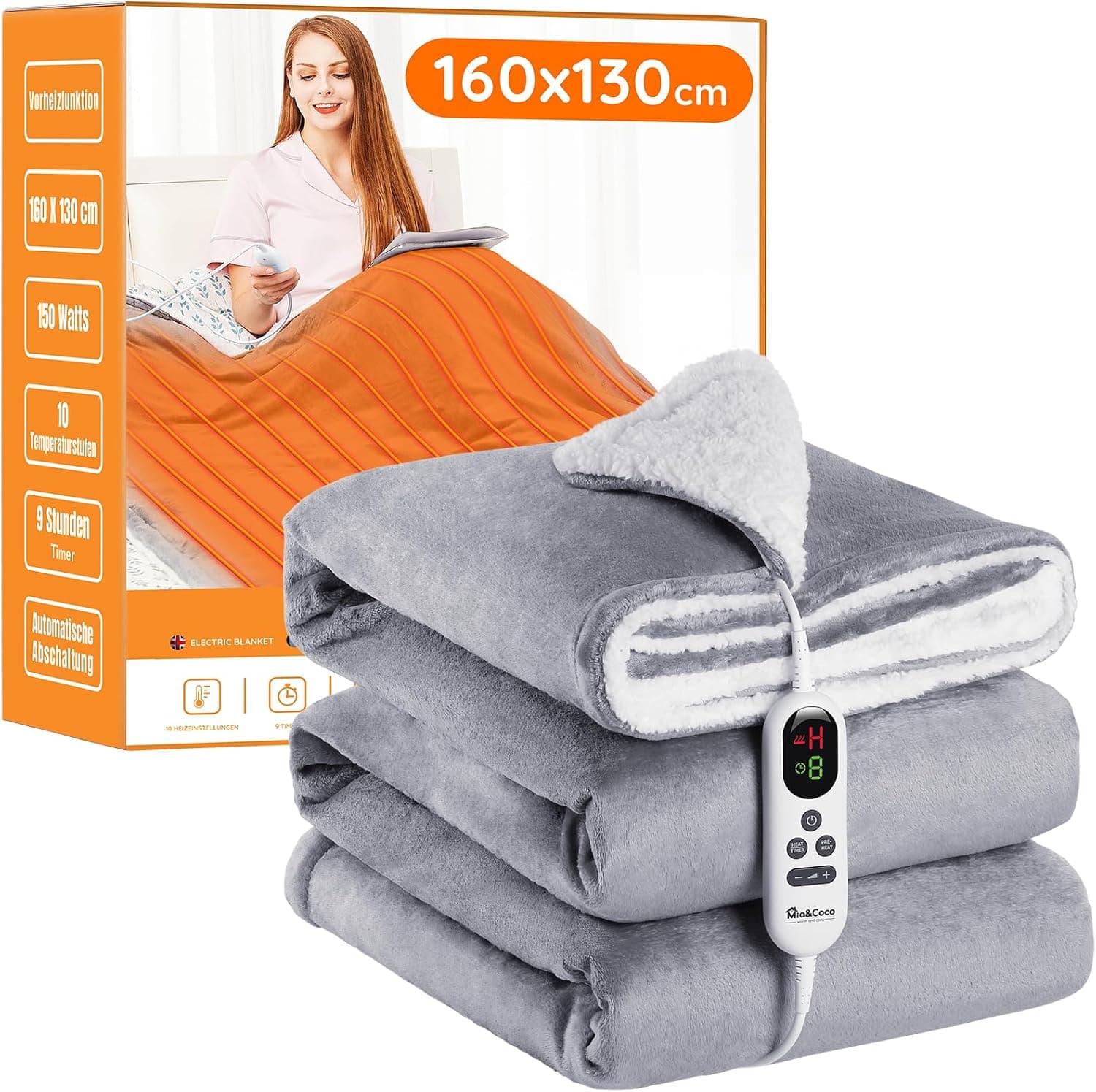 Mia&Coco Manta Electrica Grande Termica Cama 160x130cm, 10 Niveles de Calor y Temporizador de Apagado automático de 1~9 Horas y Pantalla Digital, Lavable a máquina, Sherpa de Franela