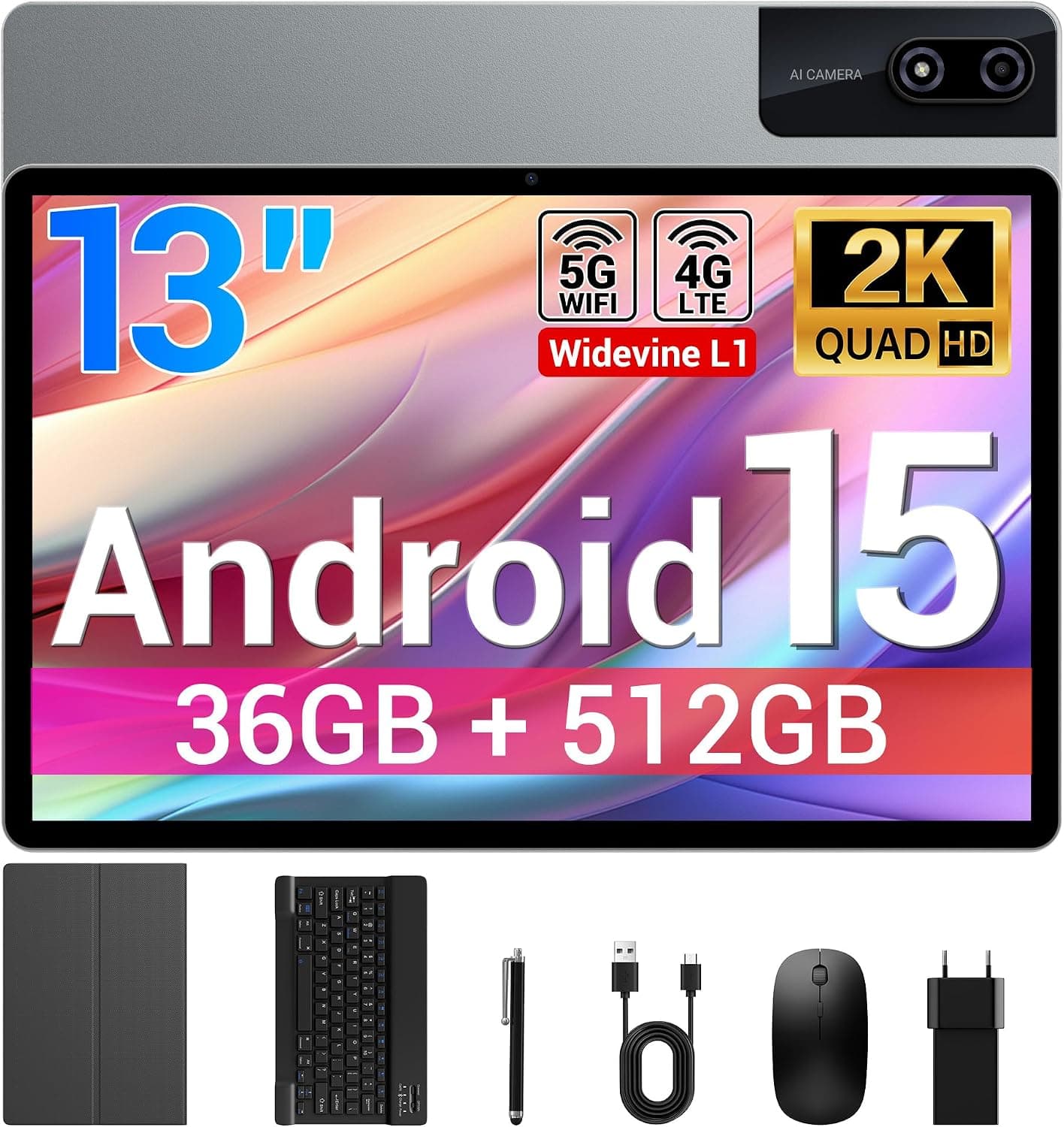 Tablet 13 Pulgadas Android 15 Tableta con Ranura sim,4G LTE y 5G WiFi,36GB RAM+512GB ROM/2960 * 1840 FHD/11580mAh y 20W/Face ID/GPS/BT 5.0/TÜV/USB-C,Tablet con Teclado