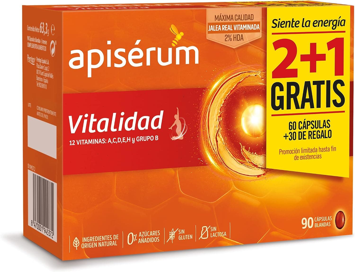 Apisérum Vitalidad, Cápsulas con Jalea Real y Vitaminas, Pack Ahorro 90 Uds