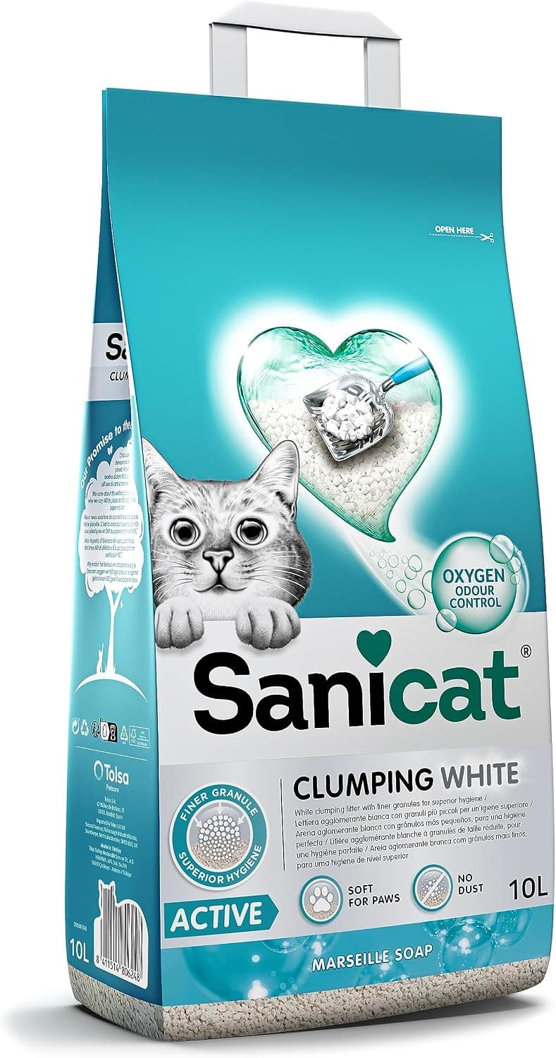 Sanicat - Arena para Gatos aglomerante Blanca - Jabon de Marsella | | Hecha de minerales Naturales con Control de Olor garantizado | 10 L de Capacidad