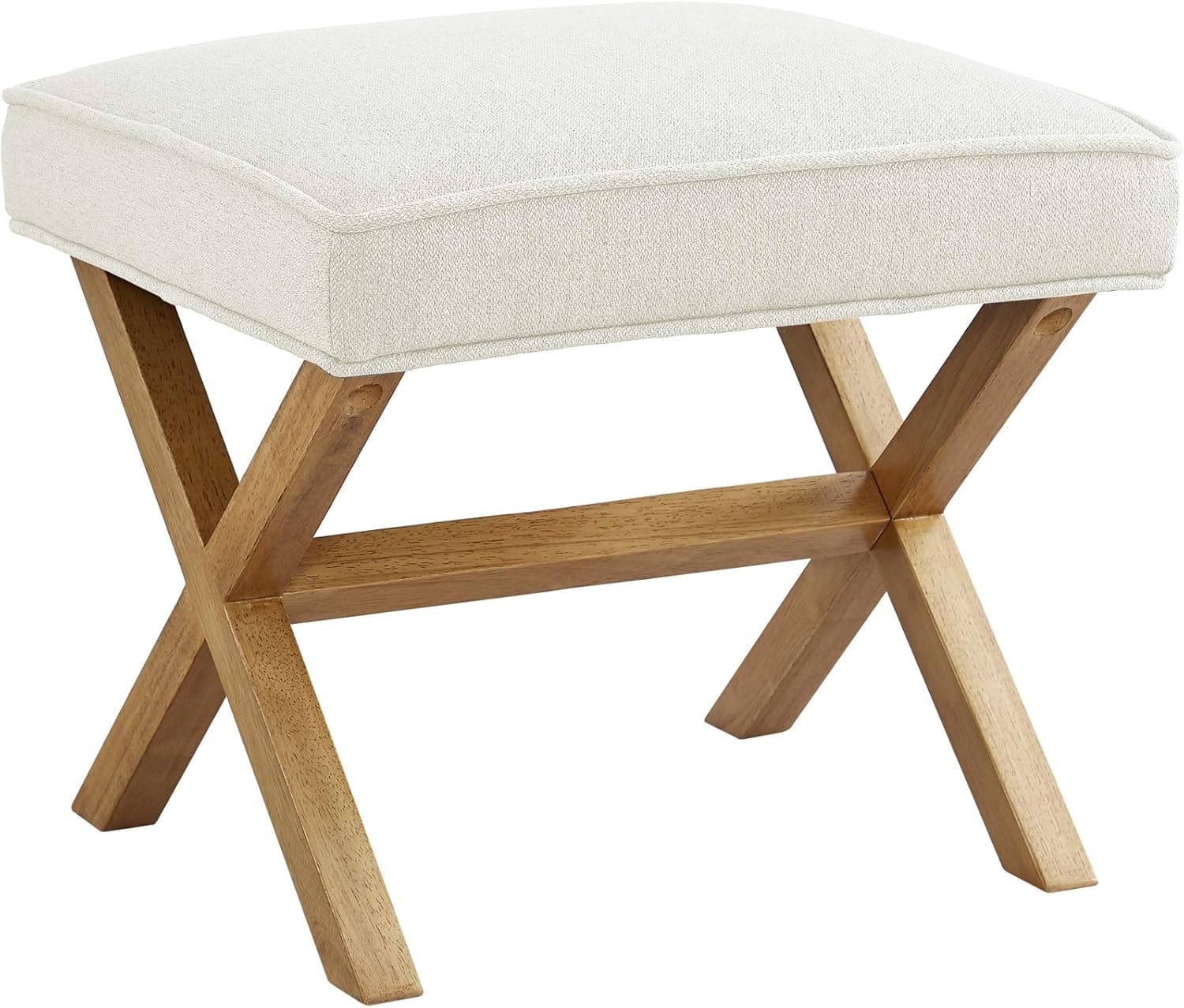 Amazon Basics Otomana Cuadrado tapizada y acolchada moderna, taburete, entrada, pasillo, sala de estar, lino, madera maciza, marfil, 45.7 x 50.8 x 45.7 cm