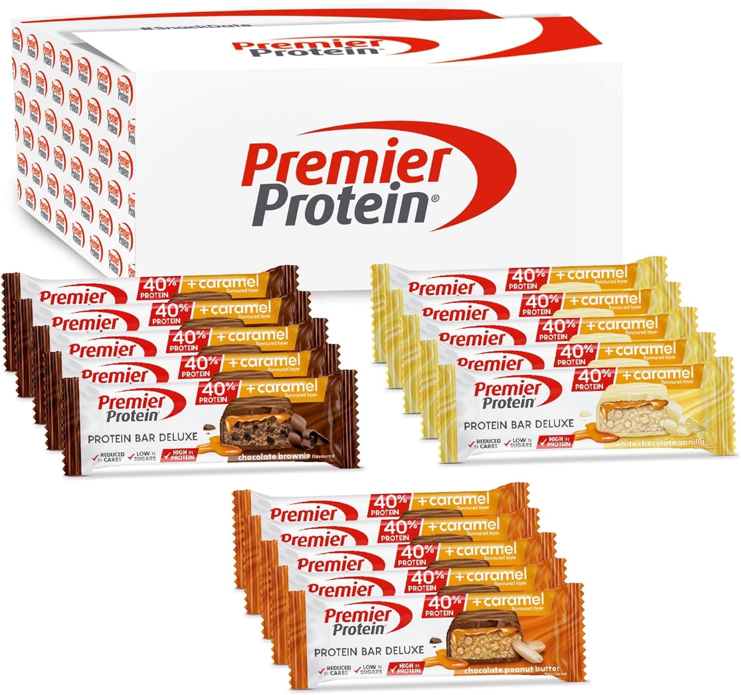 Premier Protein - Protein Bar Deluxe 40% - Multiflavourbox - 15x50g - Low sugar - Low Carb - palmölfrei
