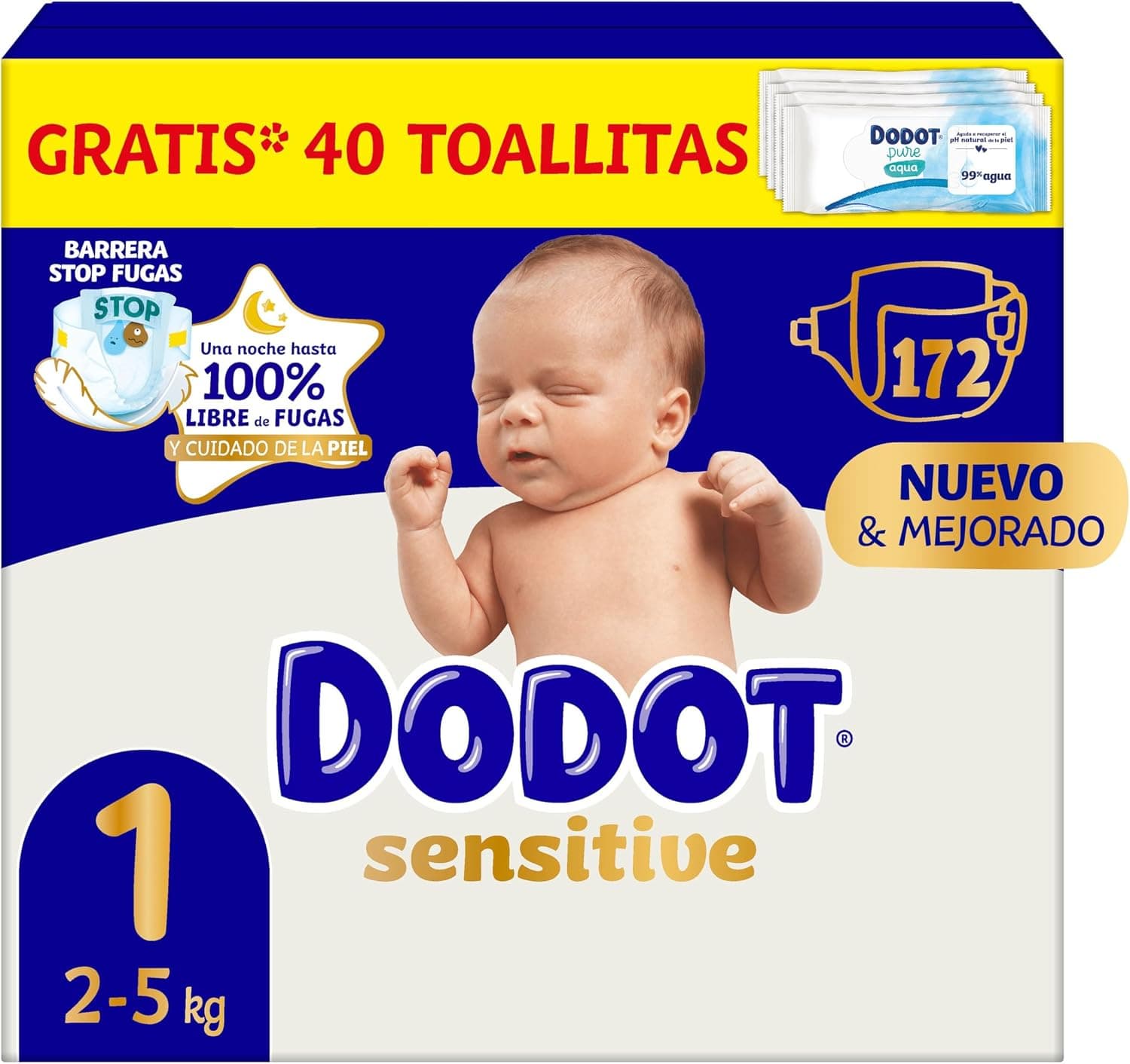 Dodot Pañales Bebé Sensitive Talla 1 (2-5 kg), 172 Pañales + 1 Pack de 40 Toallitas Gratis de Aqua Plastic Free, Nº1 en Protección de la Piel de Dodot, Pack Mensual