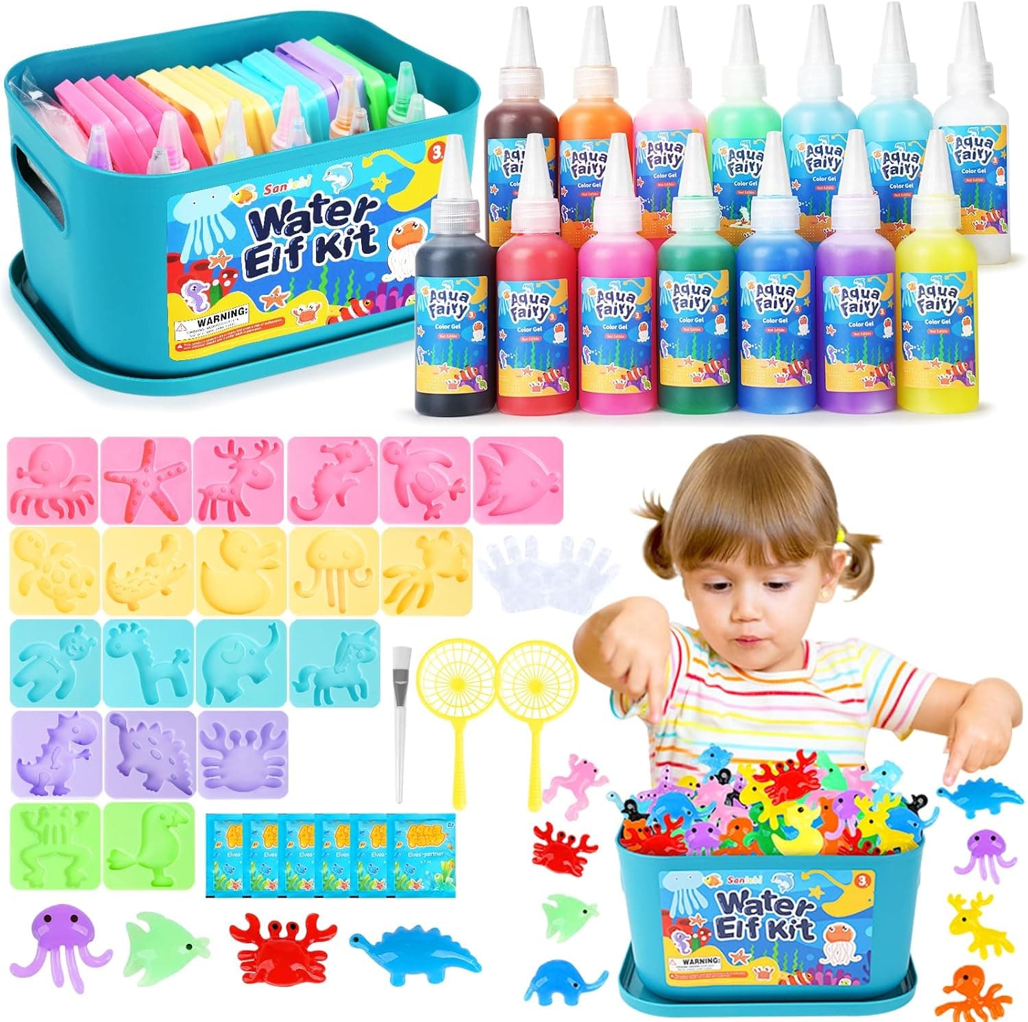 Sanlebi Juguete de Aqua Gelz, 46 PCS Creativos Elfo Mágico de Agua, con 14 Botes de Gel de Color y 20 Formas, con Caja de Almacenamiento, Regalo para Niños Niñas 3 4 5 6 Años