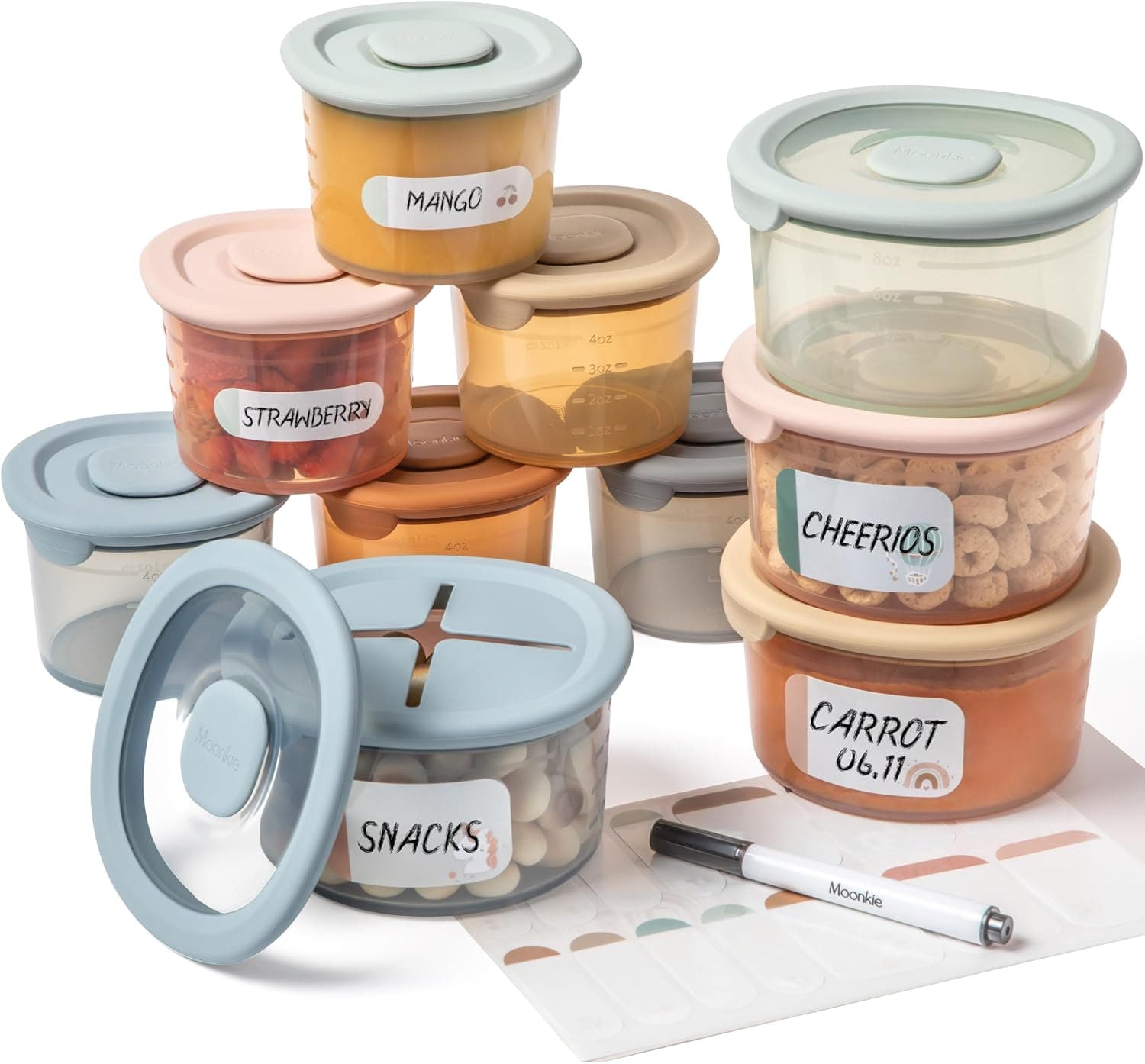 Moonkie Set 10 Tarros Potitos Bebé Silicona (6x120ml + 4x240ml), Herméticos y Sin BPA, Recipientes Comida para Bebés, Aptos para Lavavajillas y Congelador