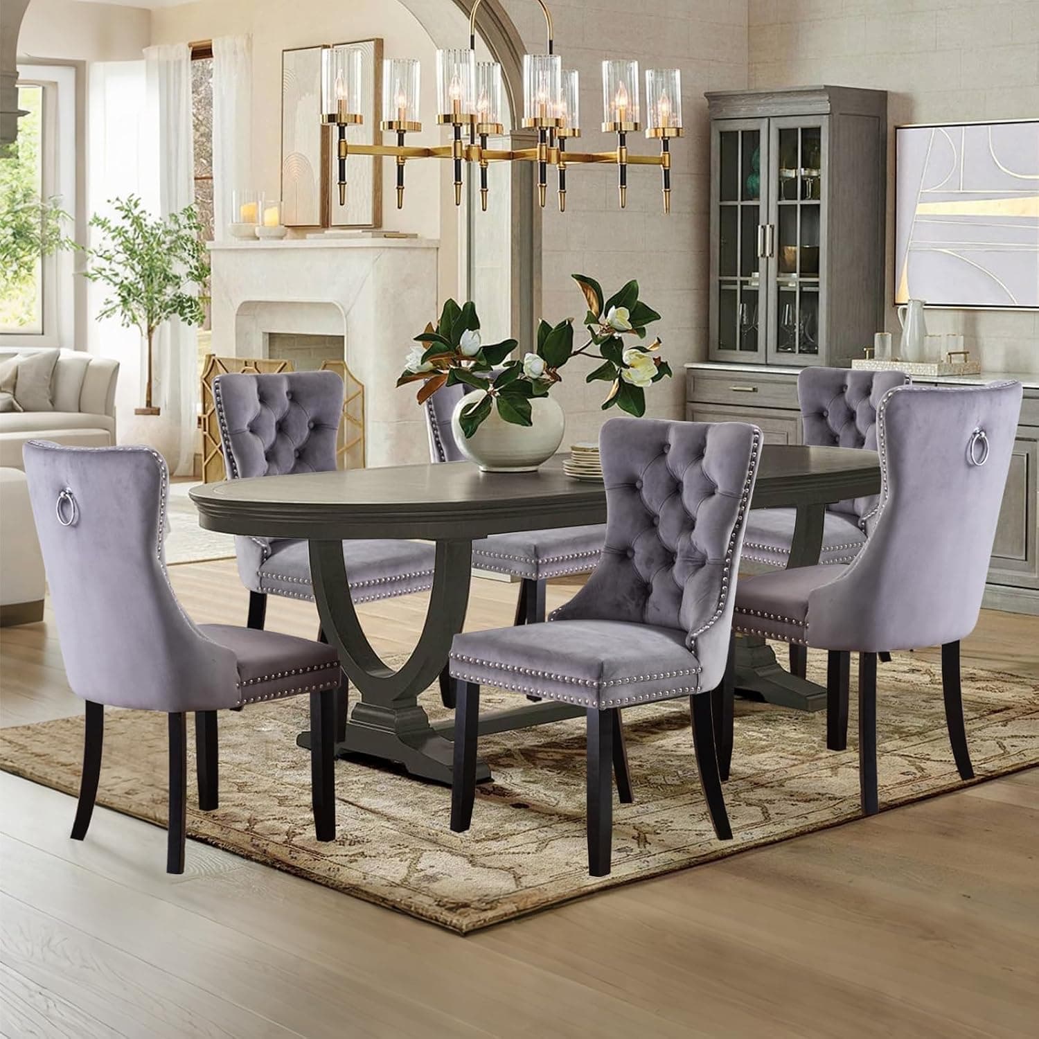 Sillas Comedor Terciopelo Gris, Patas Madera Natural, Juego 6