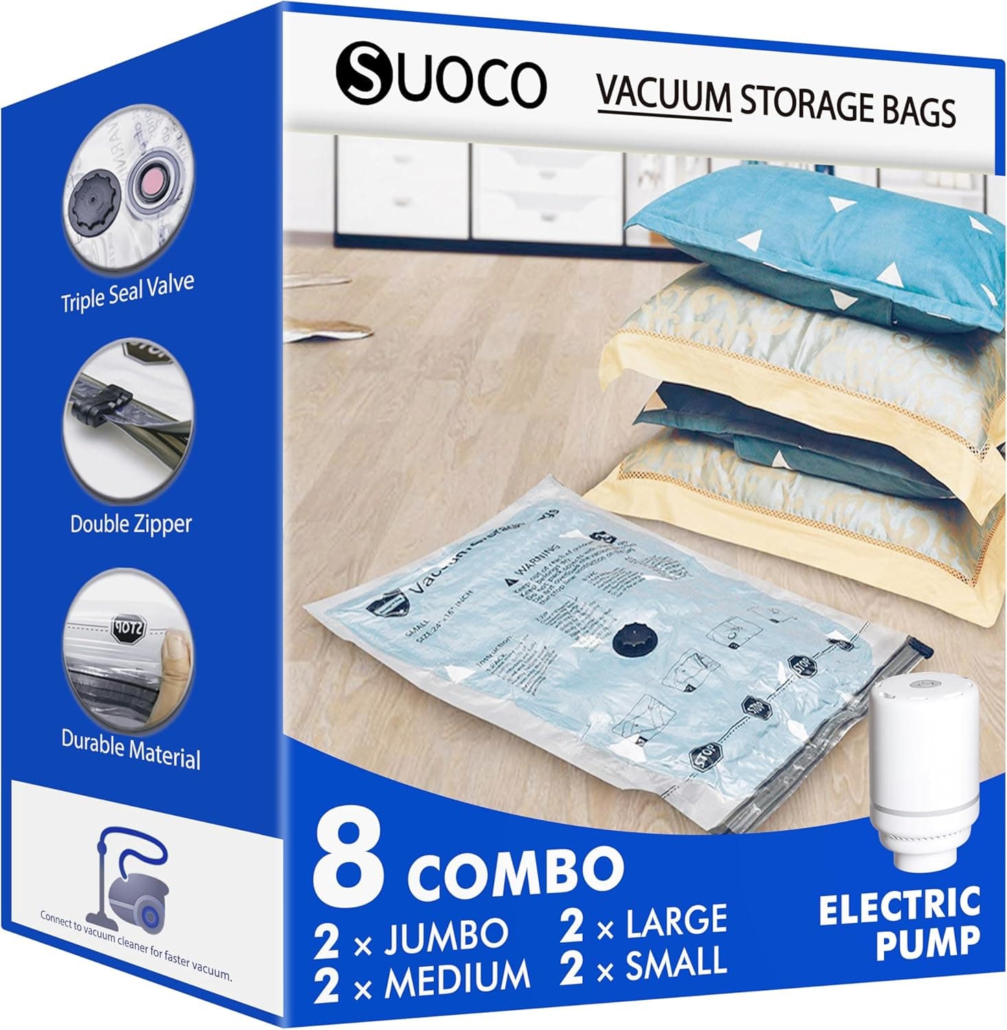 SUOCO bolsas de vacío ropa con bomba eléctrica, 8 conjuntos (2 XL/2 grandes/2 medianas/2 pequeñas), bolsas de almacenaje al vacío para ropa de cama, viaje y mudanza