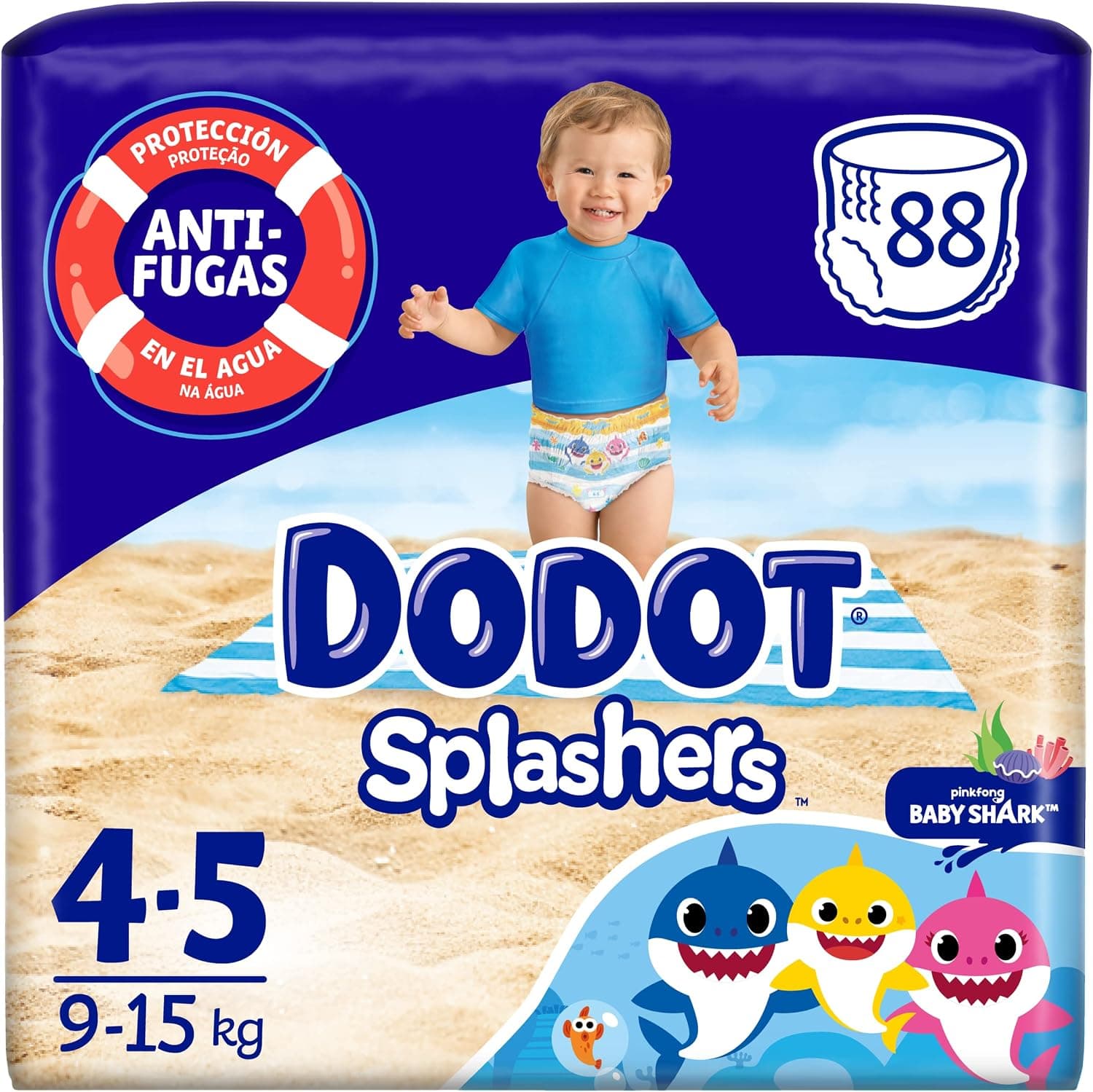 DODOT Splashers Baby Shark Talla 4, 88 Pañales Bebé Bañadores Desechables, 9kg - 15kg, Protección Anti-fugas En El Agua