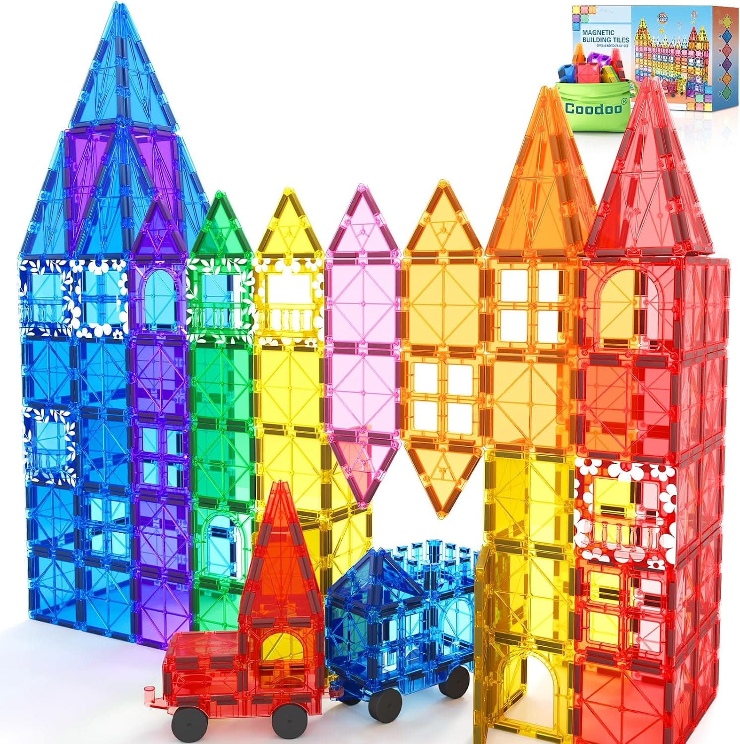 Coodoo 100 Piece Magnetic Building Blocks Toy for Kids with 2 Cars