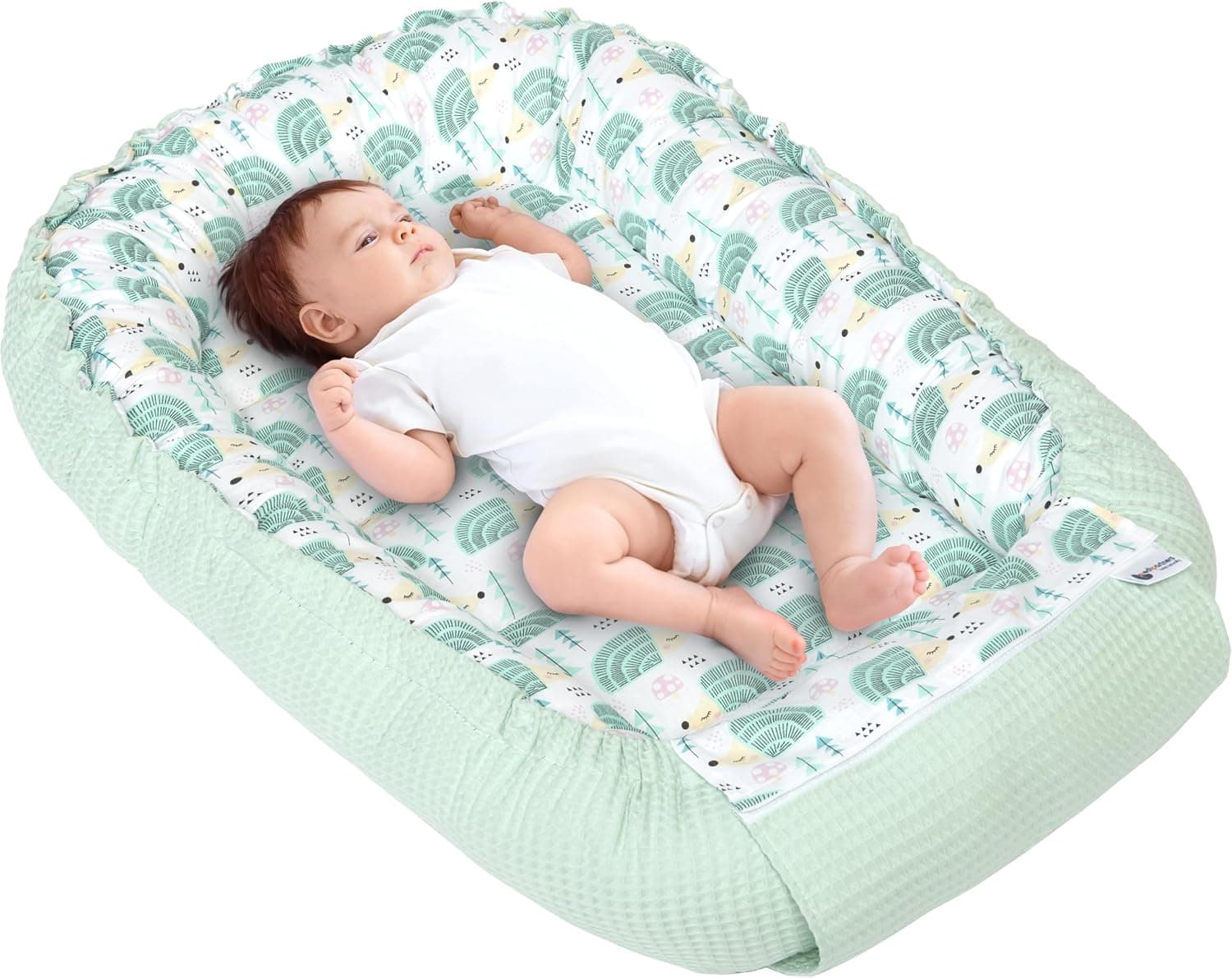 Medi Partners Nido Bebe Recien Nacido Reductor de Cuna - 100x60x15 Portátil o de Viaje de Colecho anticolicos Bilateral Bebés 100% Algodón Gofre (Erizos a la Menta Gofre)
