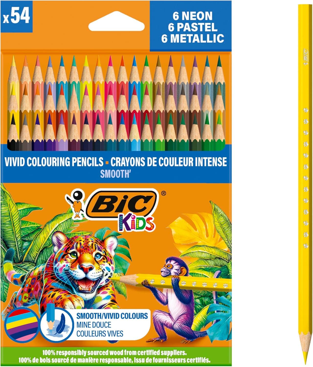BIC Kids Smooth Lápices de Colores Fabricados con Madera de Origen 100% Responsable - Colores Estándar, Metalizados, Pastel y Neón Surtidos, Pack de 54