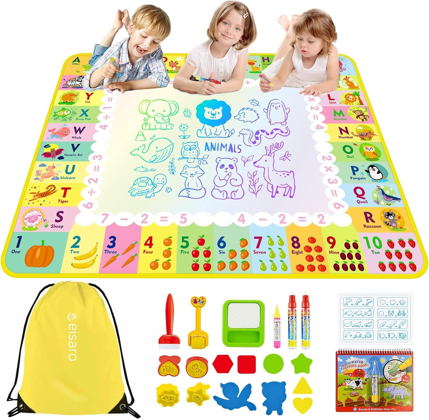 Alfombra para Pintar con Agua, Pizarra Mágica Reutilizable 120x90 cm – Juguete Educativo de Aprendizaje Temprano para Niños de 2 a 6 Años, Regalo sin Tinta ni Mancha con 4 Bolígrafos y Libro de Dibujo