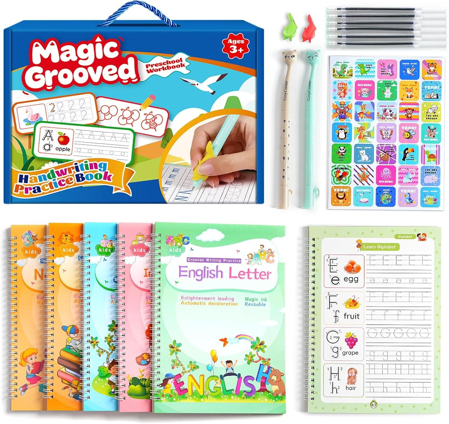 CosyCorner Cuaderno mágico de escritura a mano, práctica de escritura a mano, cuaderno mágico, ayuda para escritura, bolígrafo mágico, reutilizable, diseño de ranuras para niños (5)