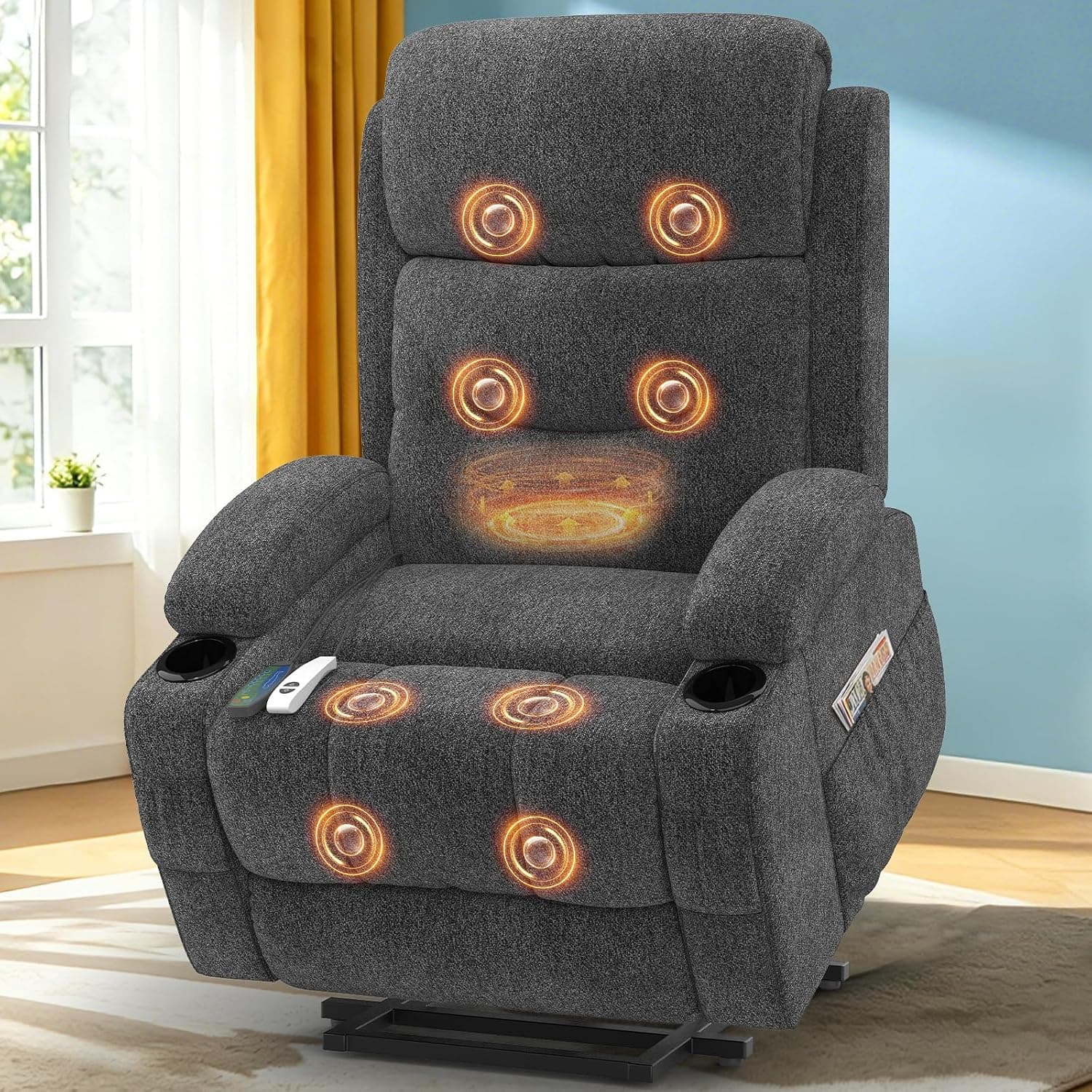 Sillón reclinable con función masaje y calefacción, sillón elevable para ancianos con puertos Type-C y USB, 4 bolsillos laterales, 2 portabebidas, sillón reclinable Rise para salón