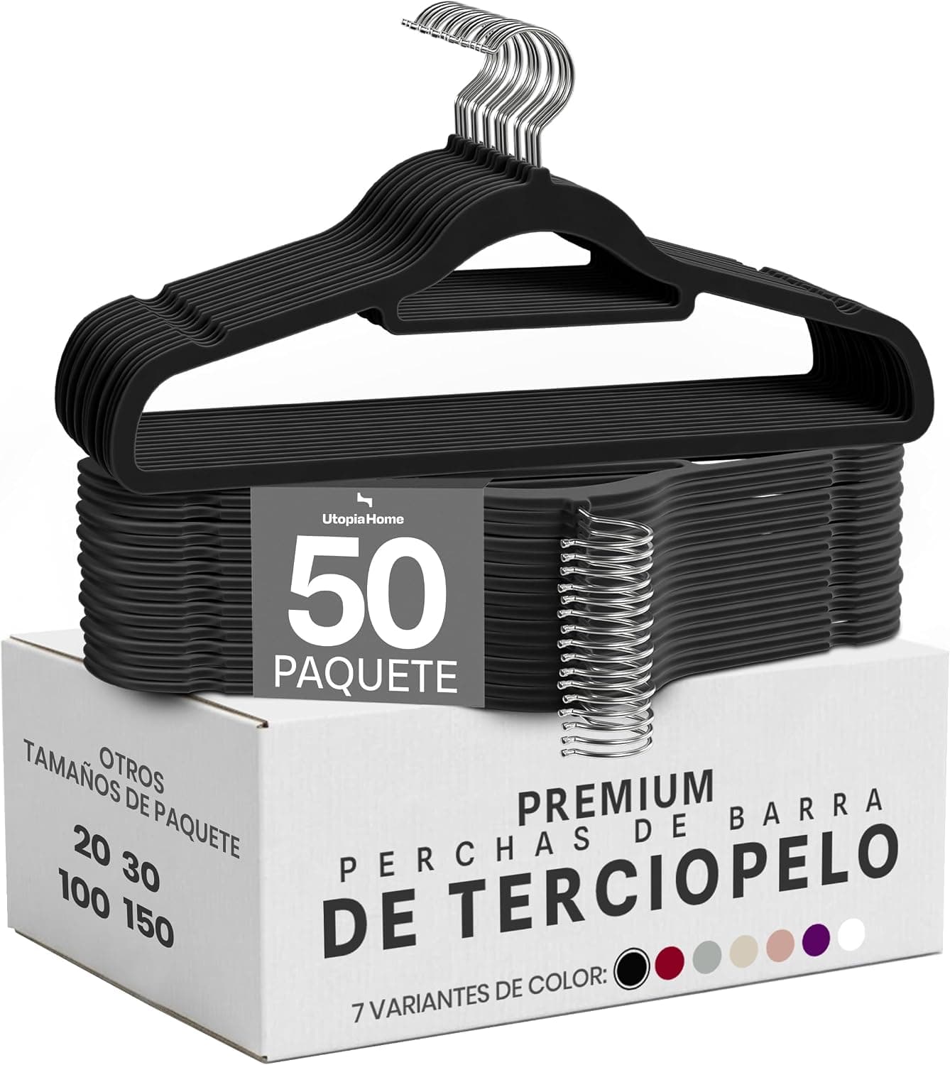 Utopia Home Perchas Terciopelo con Tie Bar (Negro, Paquete de 50)