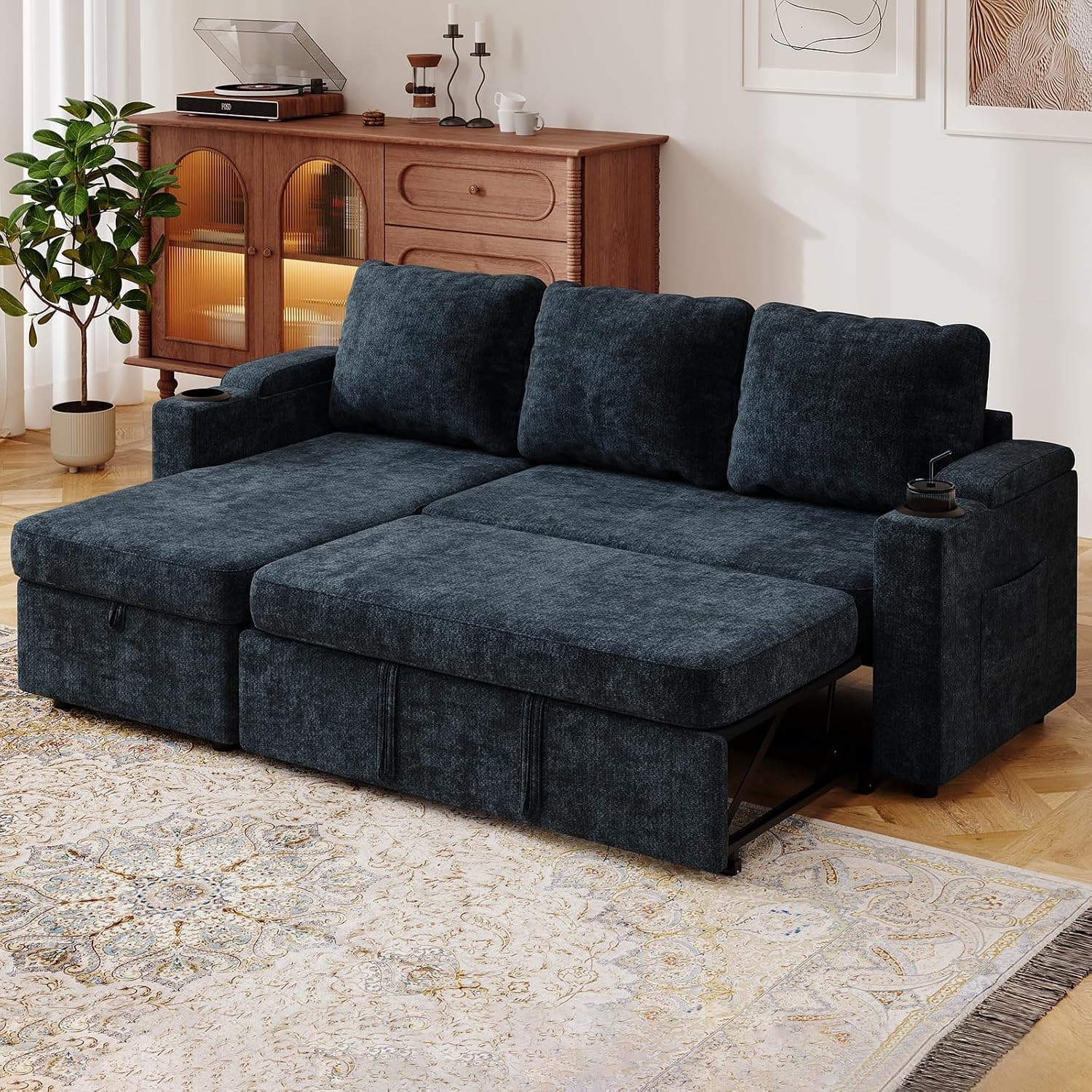 Devoko Sofá Cama L 3 plazas Azul Marino con almacén y portavasos, sofá Convertible Suave para salón y Piso, multifunción con Brazos amplios y Gran almacenaje