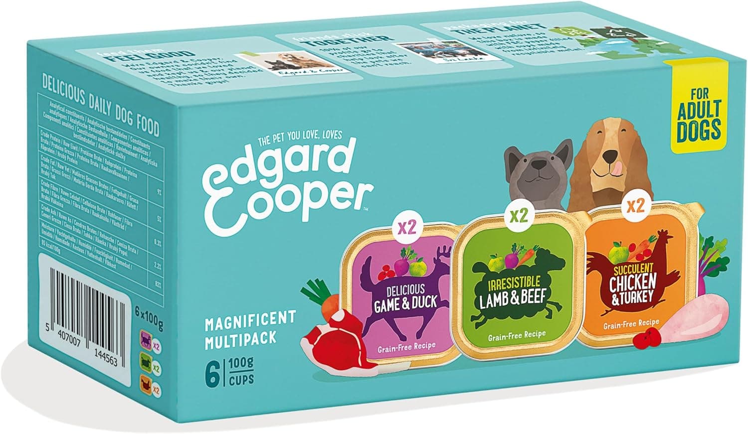 Edgard Cooper Comida Humeda Perros, Adultos, (Pollo/Pavo, Cornero/Ternera, Venado/Pato Fresco 6 x 100g), Alimento húmedo Natural sin Cereales, Carne Fresca, sin azúcares añadidos, proteína de Calidad