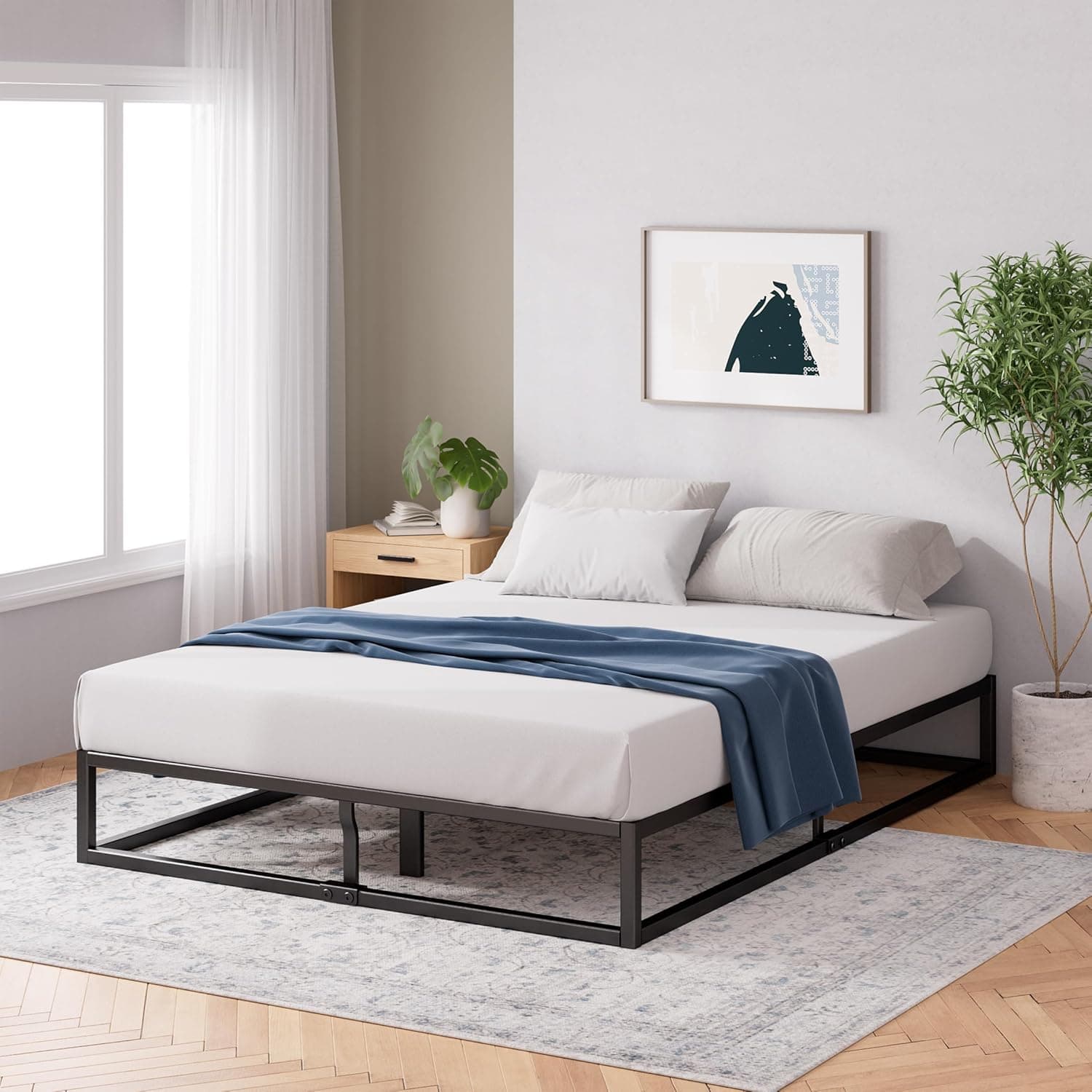 Zinus Joseph Cama 150x190 cm - Altura 25 cm con Almacenamiento bajo la - Somier de Plataforma metálica con Soporte de Listones de Madera - Negro