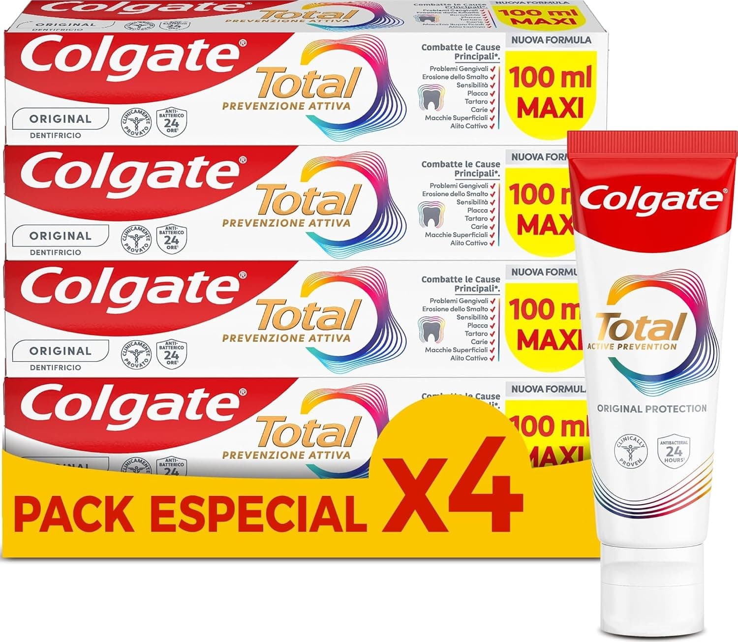 Colgate Total Prevención Activa - Pasta de Dientes Pack 4 x 100ml - Ayuda con Problemas de Encías, Placa, Sarro, Sensibilidad, Erosión del Esmalte, Manchas Superficiales, Mal Aliento y Caries