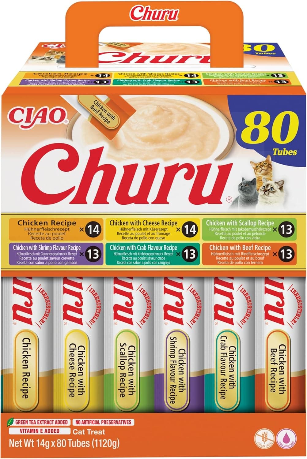 INABA Churu Snack para Gatos, Multipack Sabor Pollo, 80 Sticks x 14g