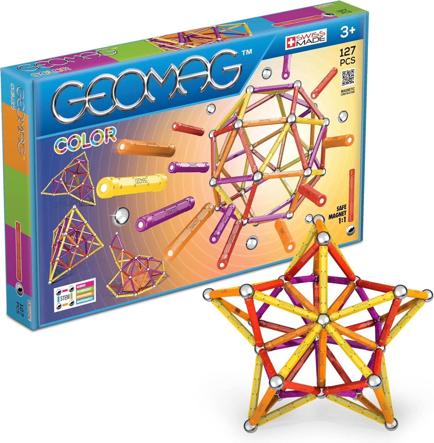 Geomag - Classic Color 127 Piezas - Construcciones Magnéticas - Juguetes para Niños 3 Años - Fabricación Suiza - Bloques Construcción con 60 Barras, 61 Bolas, 6 Bases - Bloques Magneticos Stem