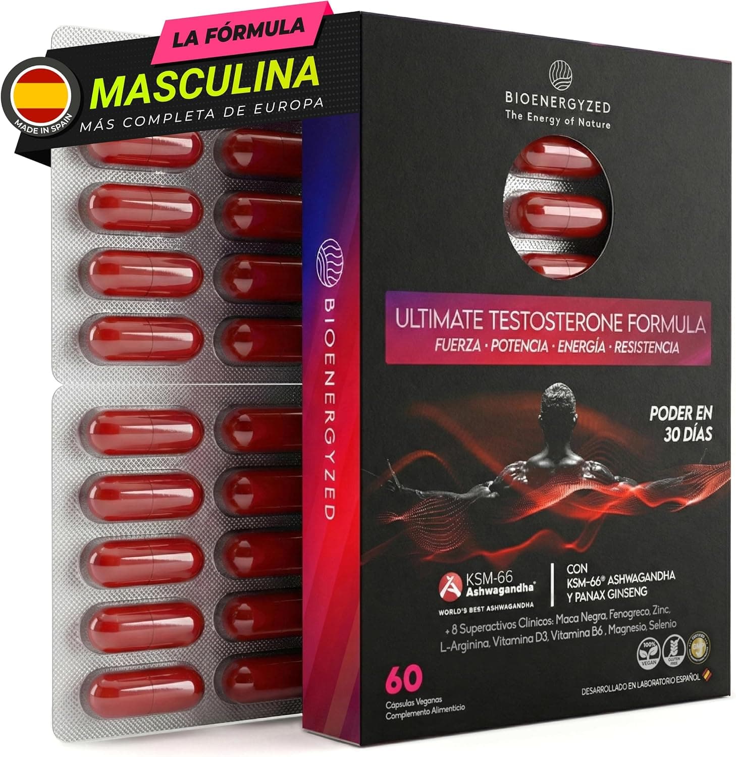 Testosterona Hombre Natural Pura con Ashwagandha KSM-66, Maca y Ginseng